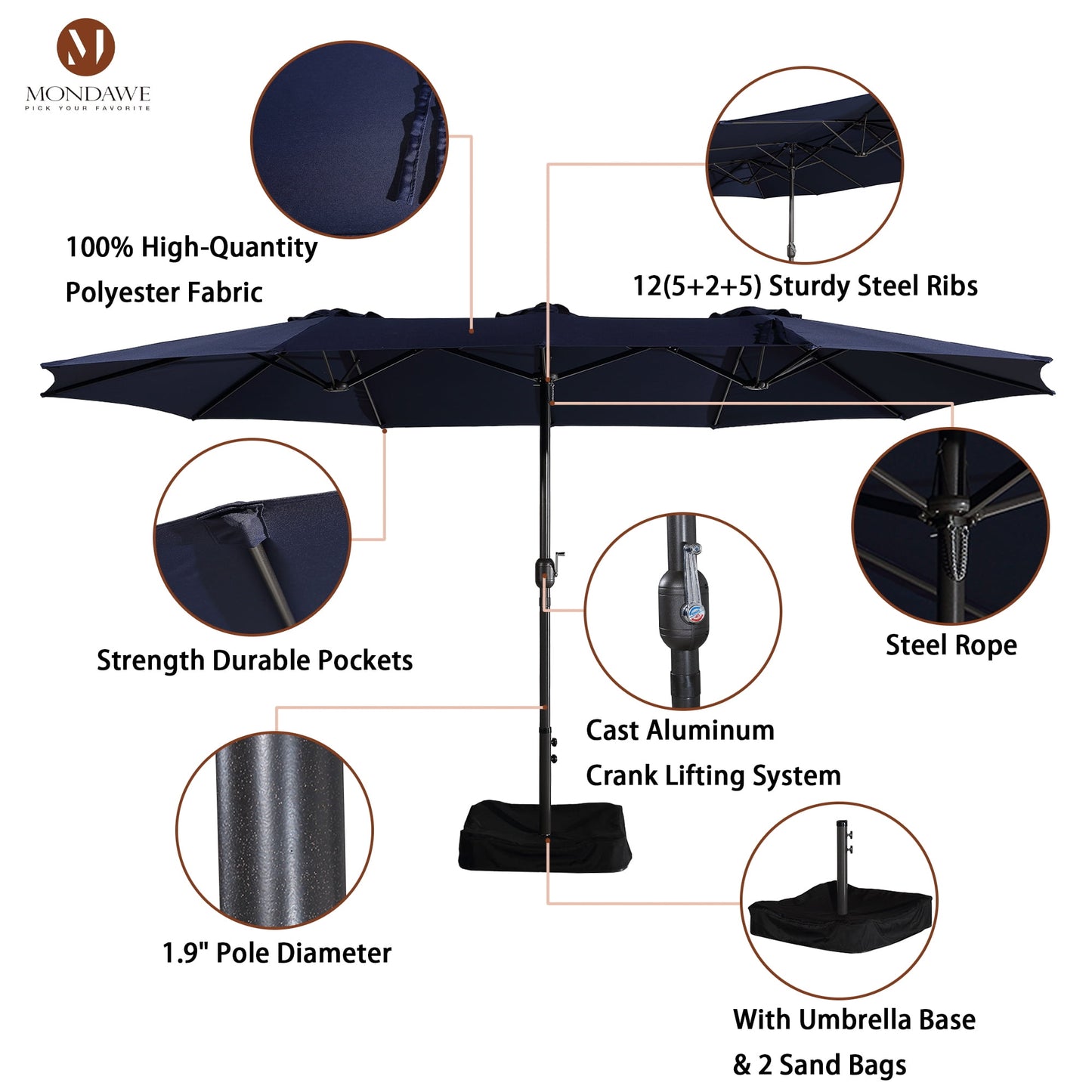15ft Large Patio Umbrellas with Base Included, Outdoor Double-Sided Rectangle Market Umbrella with Crank Handle, for Pool Lawn Garden