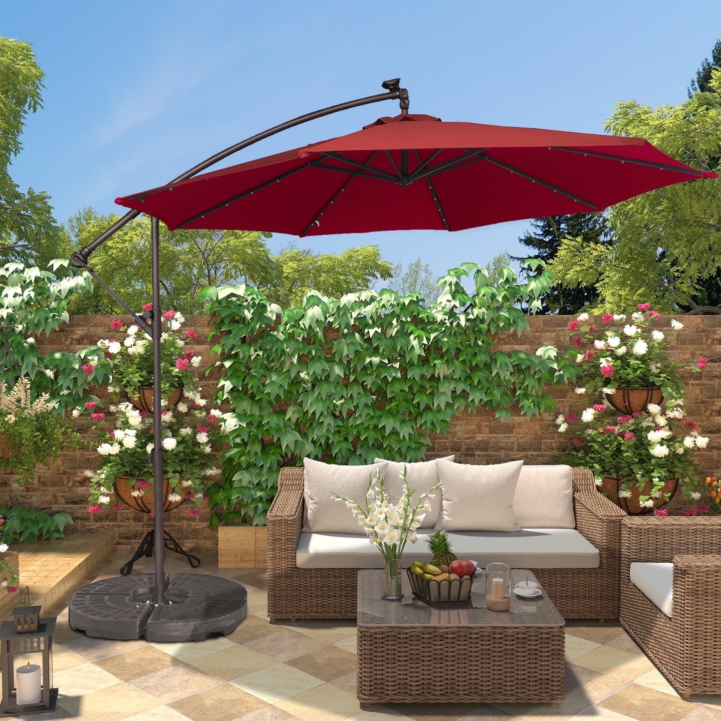 10ft Heavy Duty Patio Hanging Offset Cantilever Patio Umbrella with Crank & Cross Base