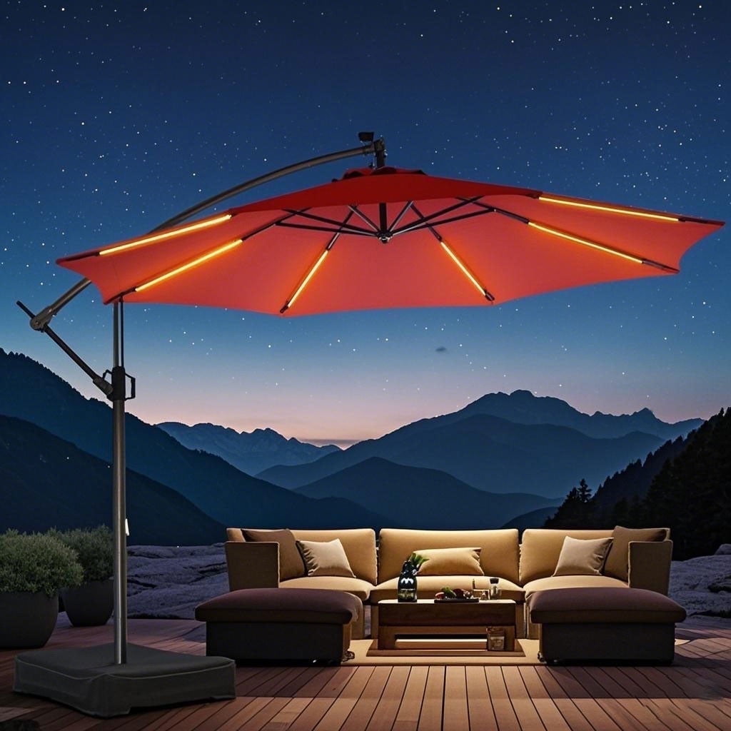 10ft Patio Umbrella Offset with Solar Light and Base,Offset Hanging Patio Outdoor Market Umbrella with Easy Tilt and Crank,for Yard,Garden,Home,Pool & Deck,Red