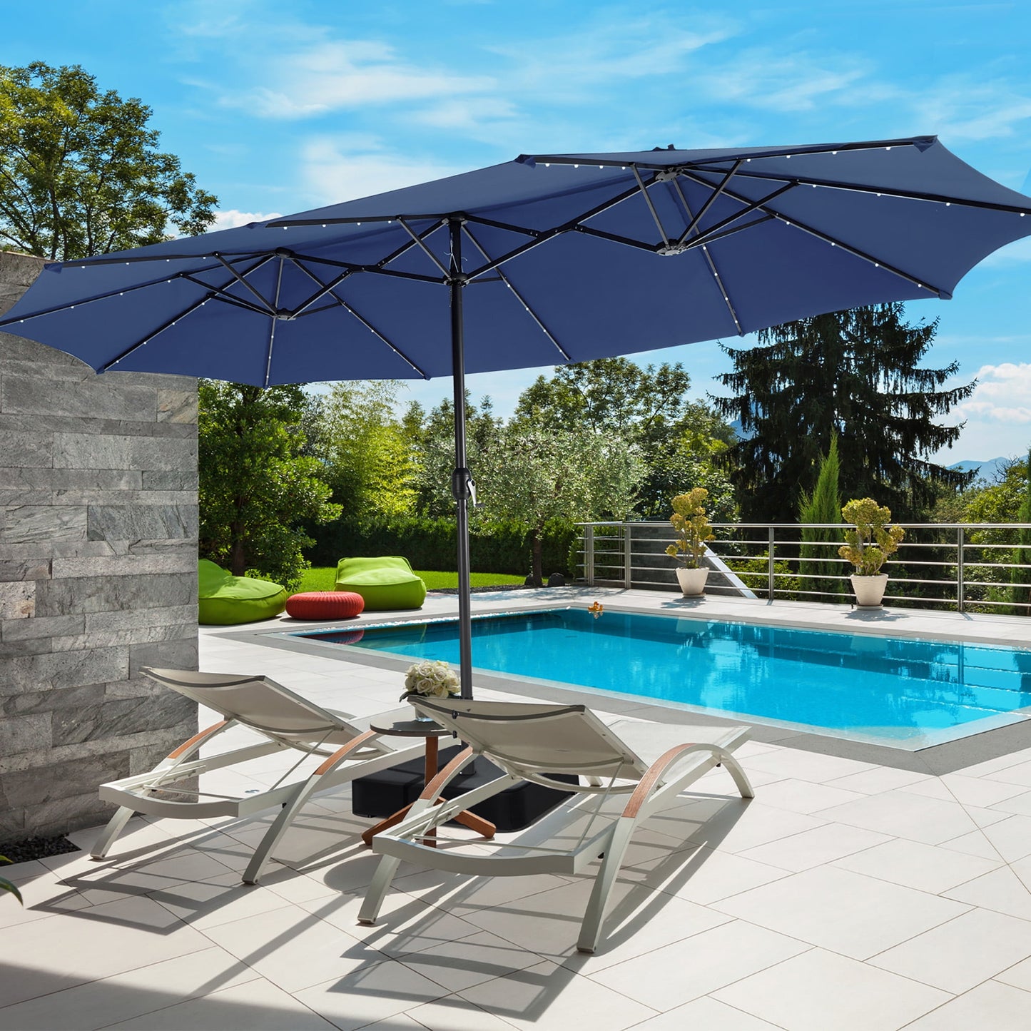 Gymax Outdoor 15' Double-Sided Patio Umbrella 48 Solar LED Lights Crank & Base Navy