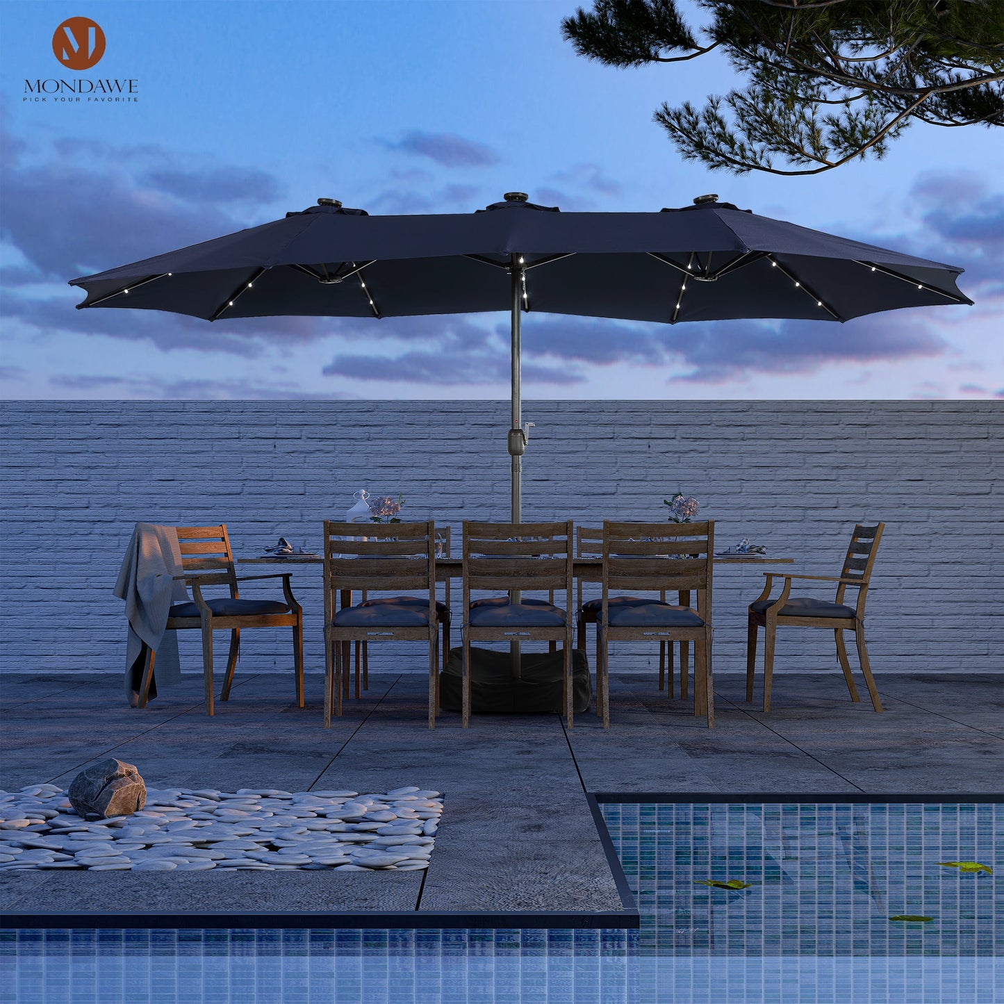 15ft Large Patio Umbrella with Solar Lights, Double-Sided Outdoor Market Rectangle Beach Umbrellas with 36 LED Lights, Umbrella Base (Stand) Included