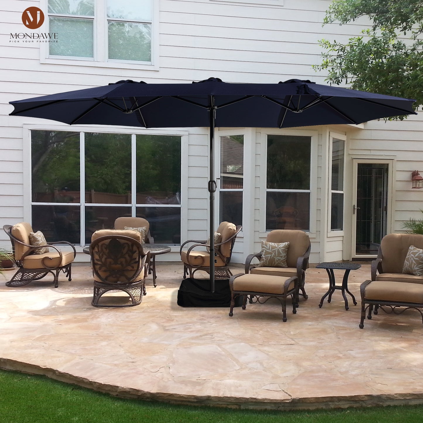 15ft Large Patio Umbrellas with Base Included, Outdoor Double-Sided Rectangle Market Umbrella with Crank Handle, for Pool Lawn Garden