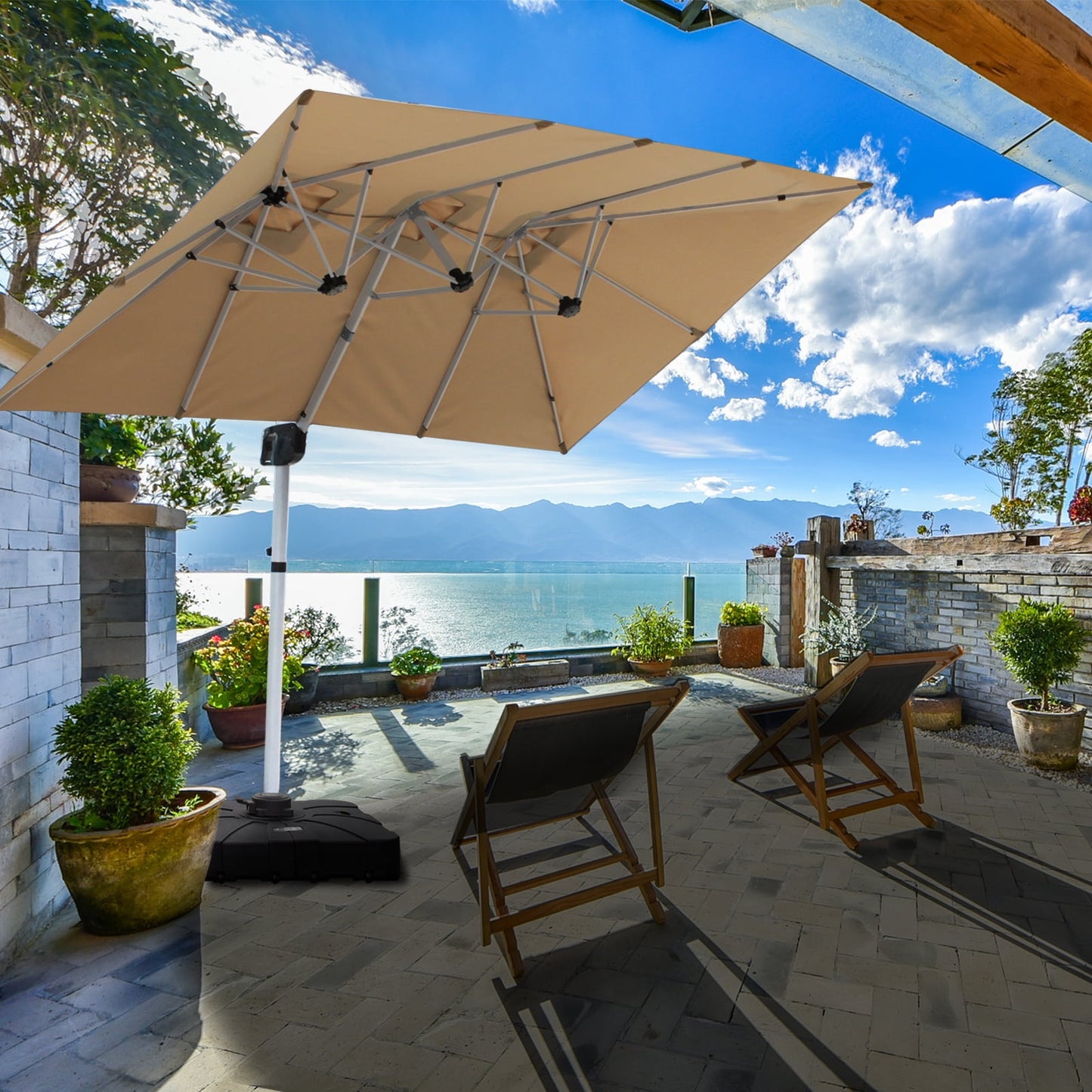 RANSENERS Double Sided Cantilever Patio Umbrella 13 * 8 ft Rectangle Outdoor Offset Umbrella with 360° Rotation and UPF 50+ for Garden Pool Coffeshop - Beige