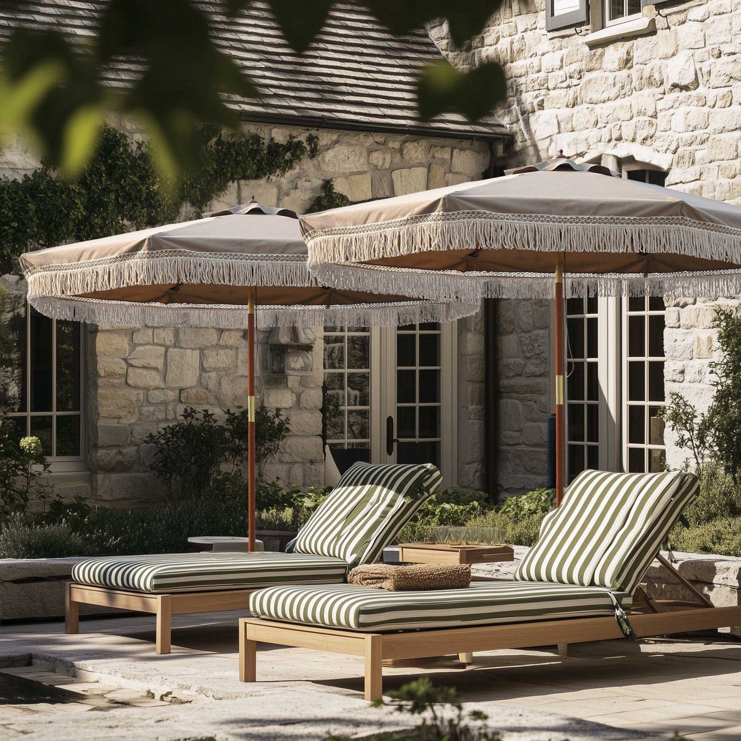 LAGarden BOHO 9' Fringe Patio Umbrella with Tassels UPF50+ Boho Style 5-Year-Non-Fading for Outdoor Yard Market Mocha Meander