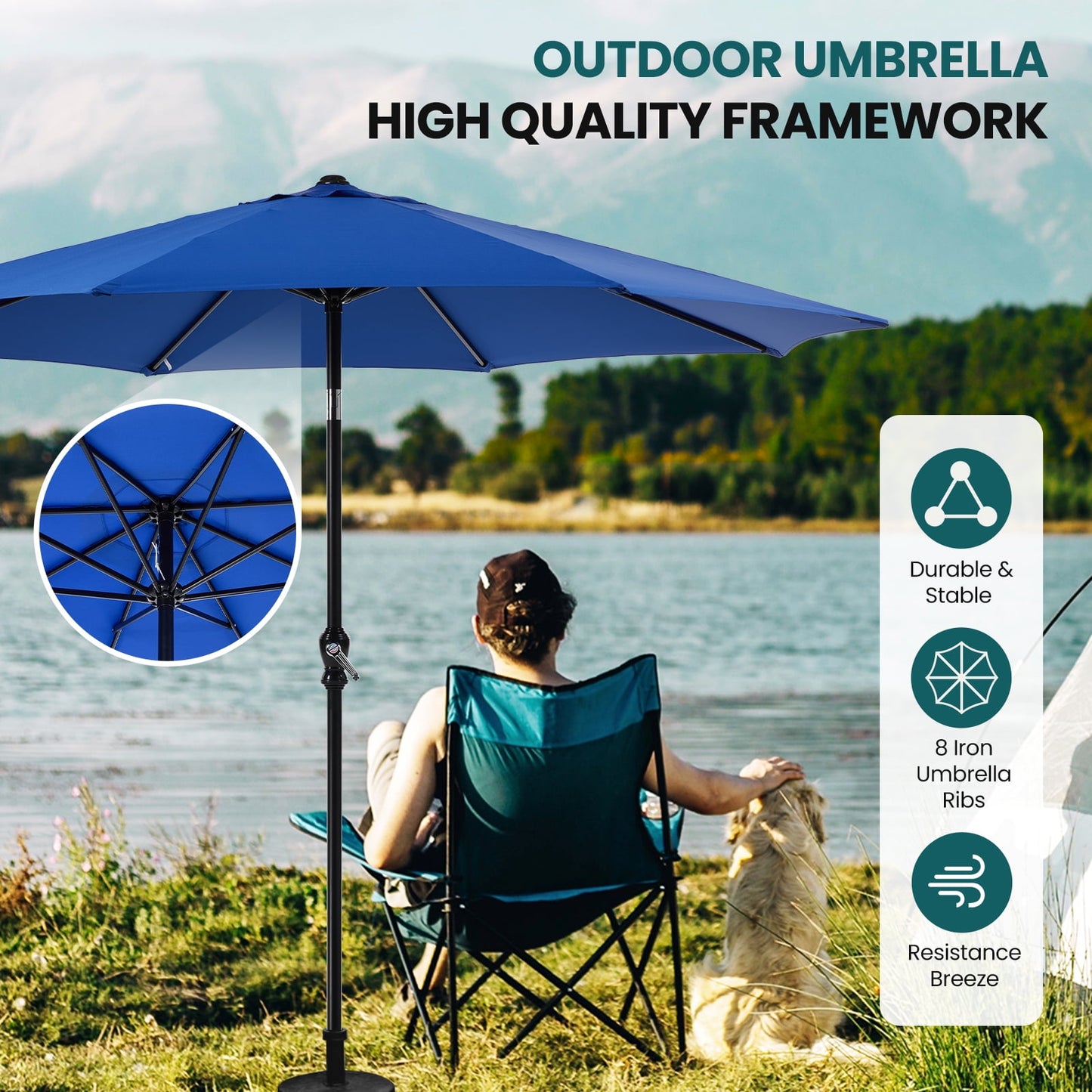 JOINSUN Outdoor Patio Umbrella with Push Button Tilt, 8 Robust Ribs, UV Protection, and Crank, Bule
