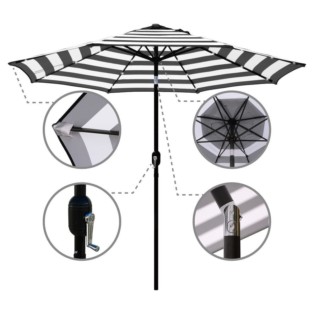 Abble 9ft Black and White Solar LED Lighted Outdoor Patio Umbrella, Adjustable Tilt