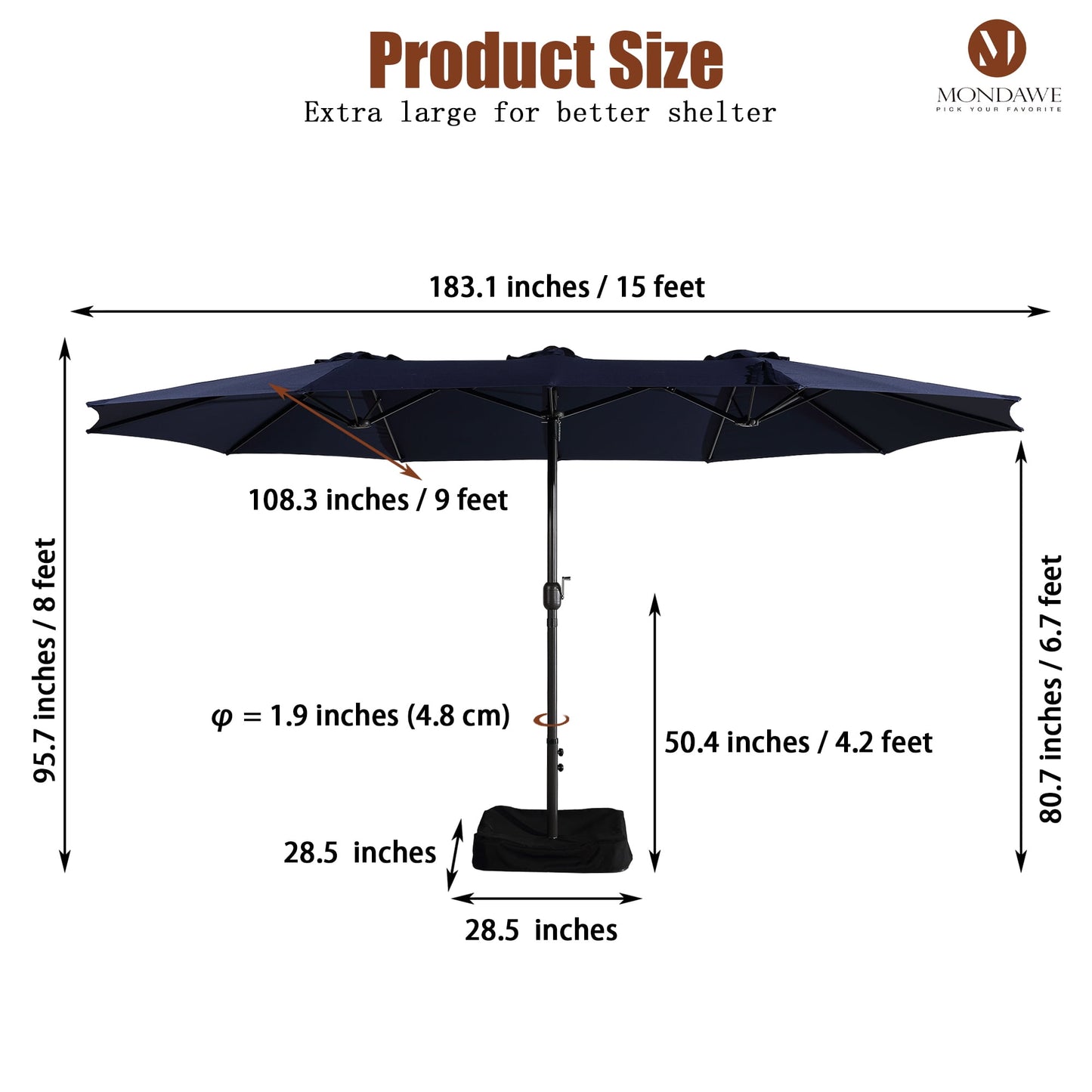15ft Large Patio Umbrellas with Base Included, Outdoor Double-Sided Rectangle Market Umbrella with Crank Handle, for Pool Lawn Garden