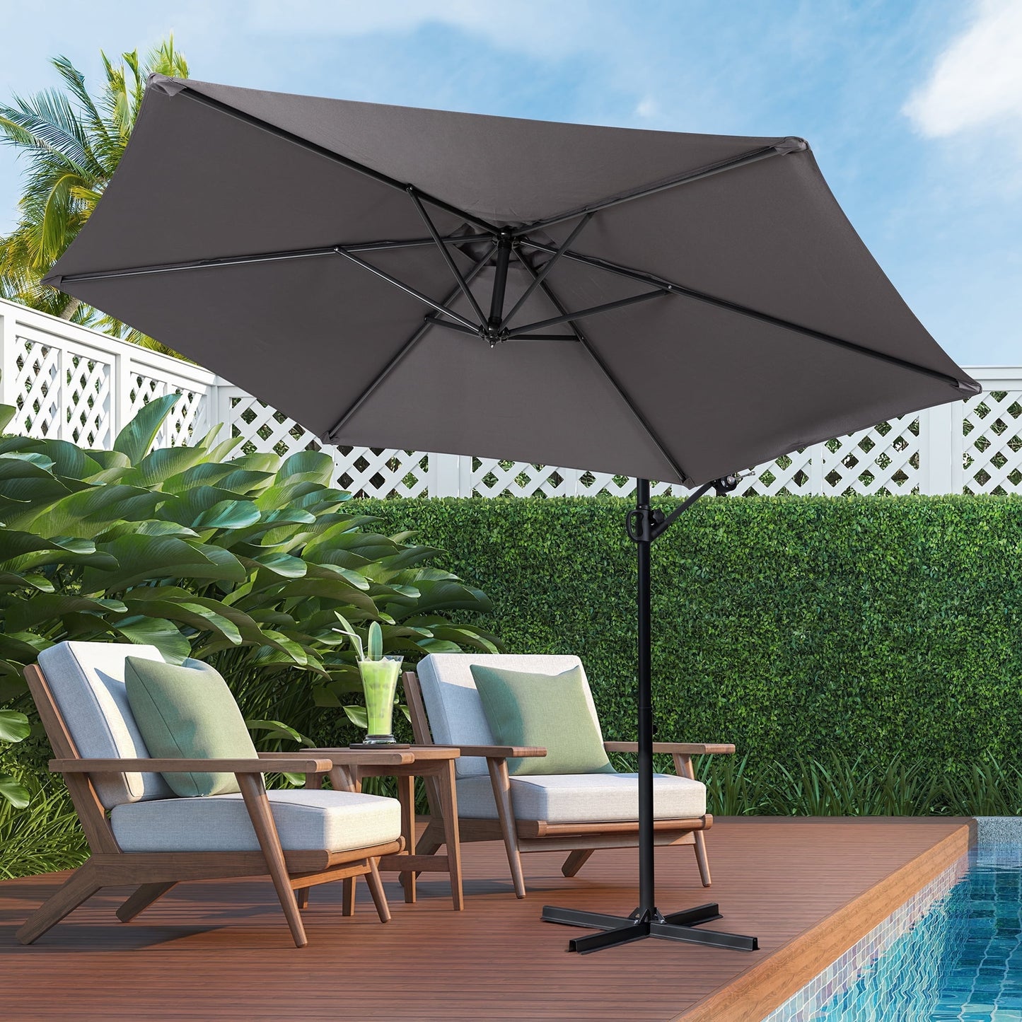 Walsunny 9FT Outdoor Hanging Offset Cantilever Umbrella with Cross Base, Patio Market Umbrella with Crank for Backyard Deck Poolside, Dark Blue