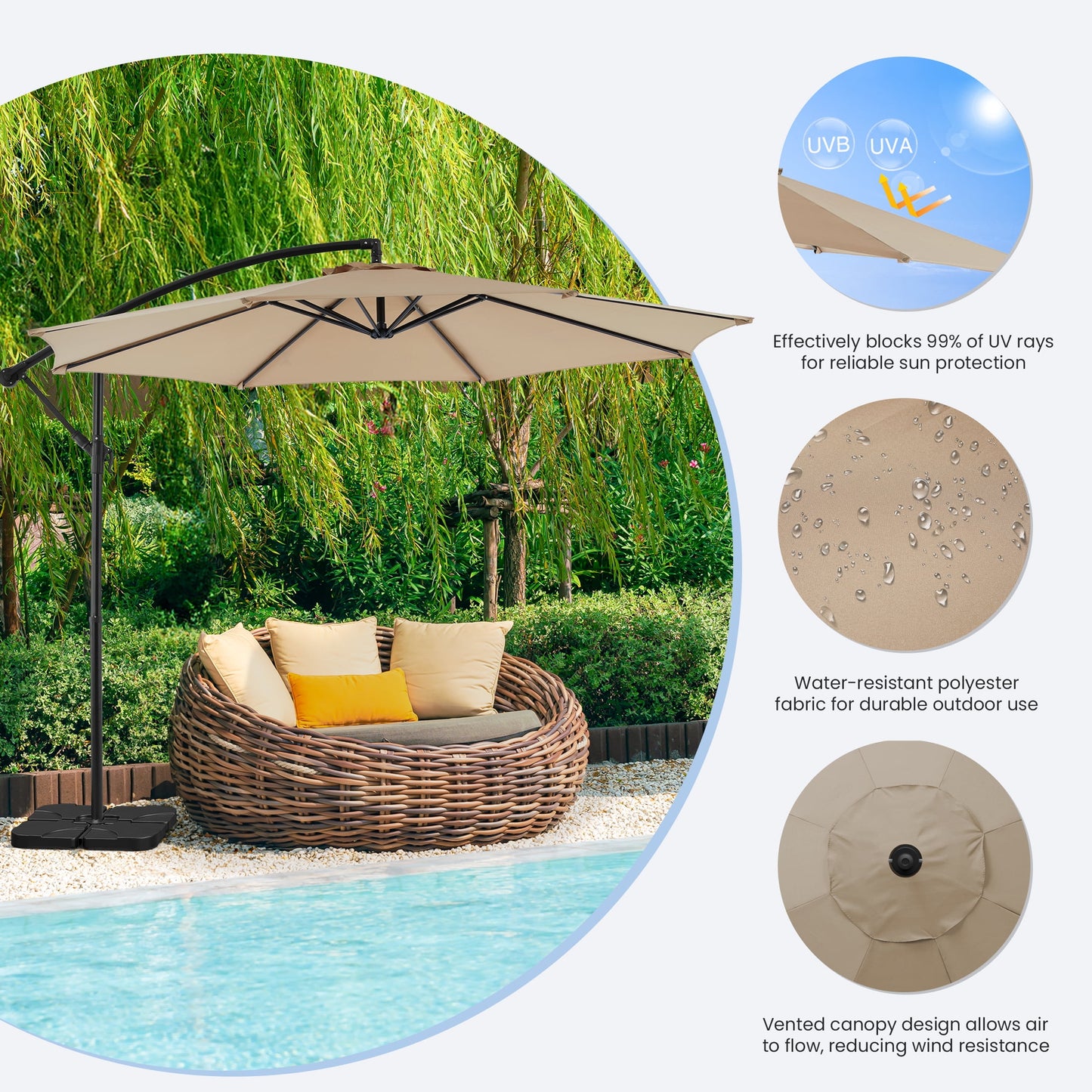 edx 10FT Offset Hanging Patio Umbrella Outdoor with Push Button Tilt & Self-Locking, Polyester Shade, 8 Sturdy Ribs, Khaki