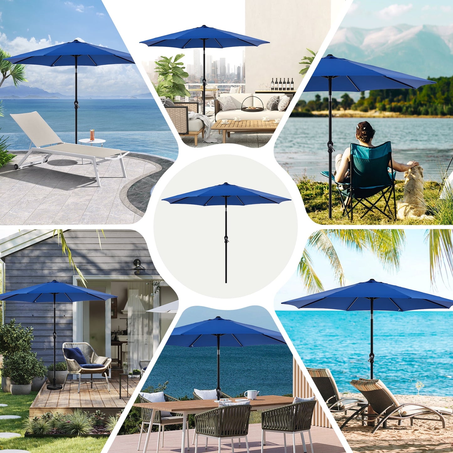 JOINSUN Outdoor Patio Umbrella with Push Button Tilt, 8 Robust Ribs, UV Protection, and Crank, Bule