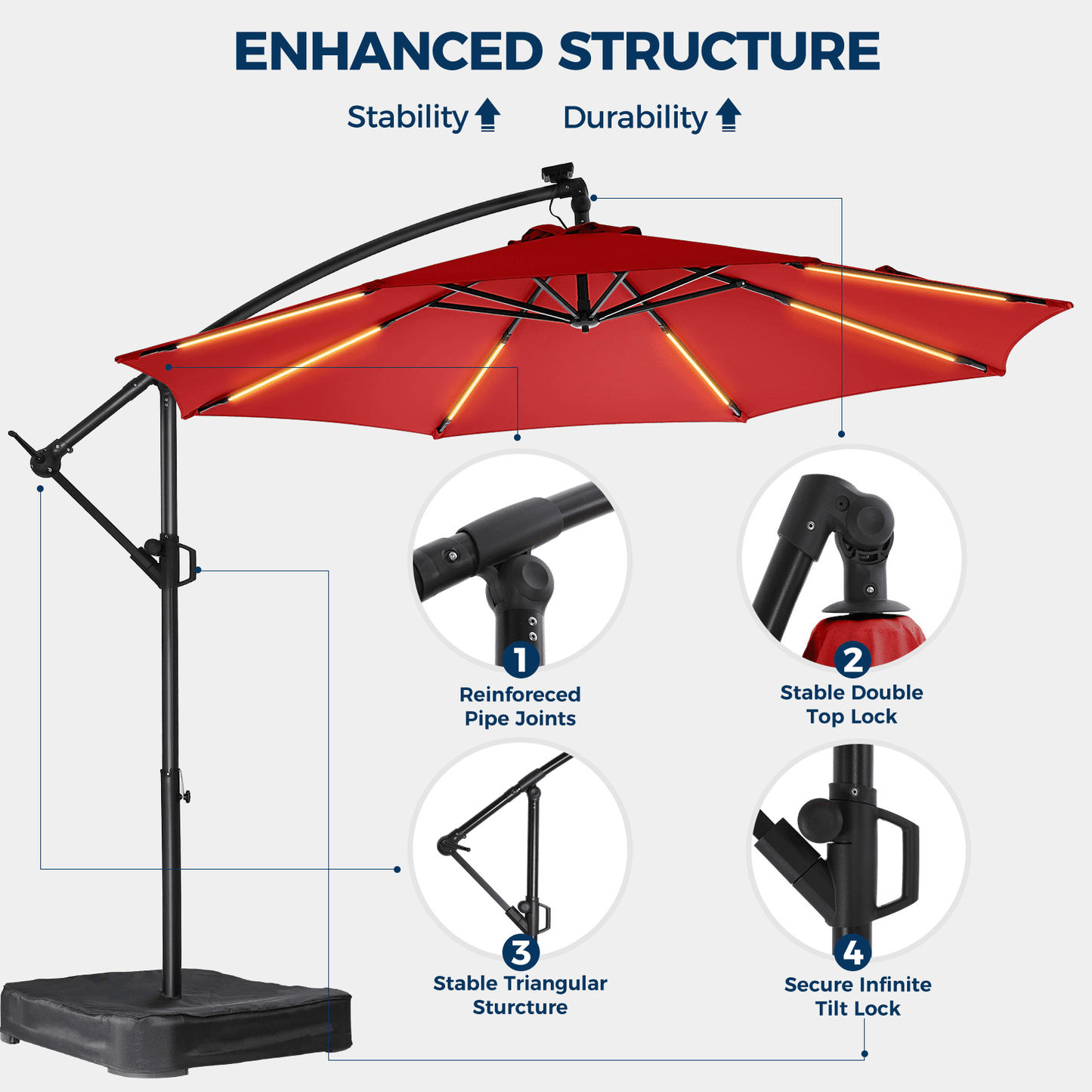 10ft Patio Umbrella Offset with Solar Light and Base,Offset Hanging Patio Outdoor Market Umbrella with Easy Tilt and Crank,for Yard,Garden,Home,Pool & Deck,Red