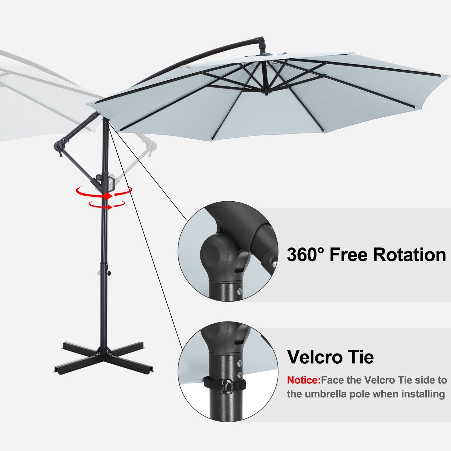 ABCCANOPY 10 FT 360°Rotation Cantilever Patio Umbrella with Crank & Cross Base for Garden, Backyard, Pool and Beach, 12+ Colors(Light Gray)