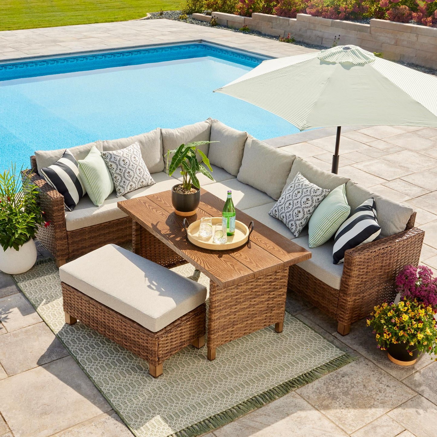 Better Homes & Gardens 7.5' Green Ticking Stripe Push-Up and Tilt Patio Umbrella