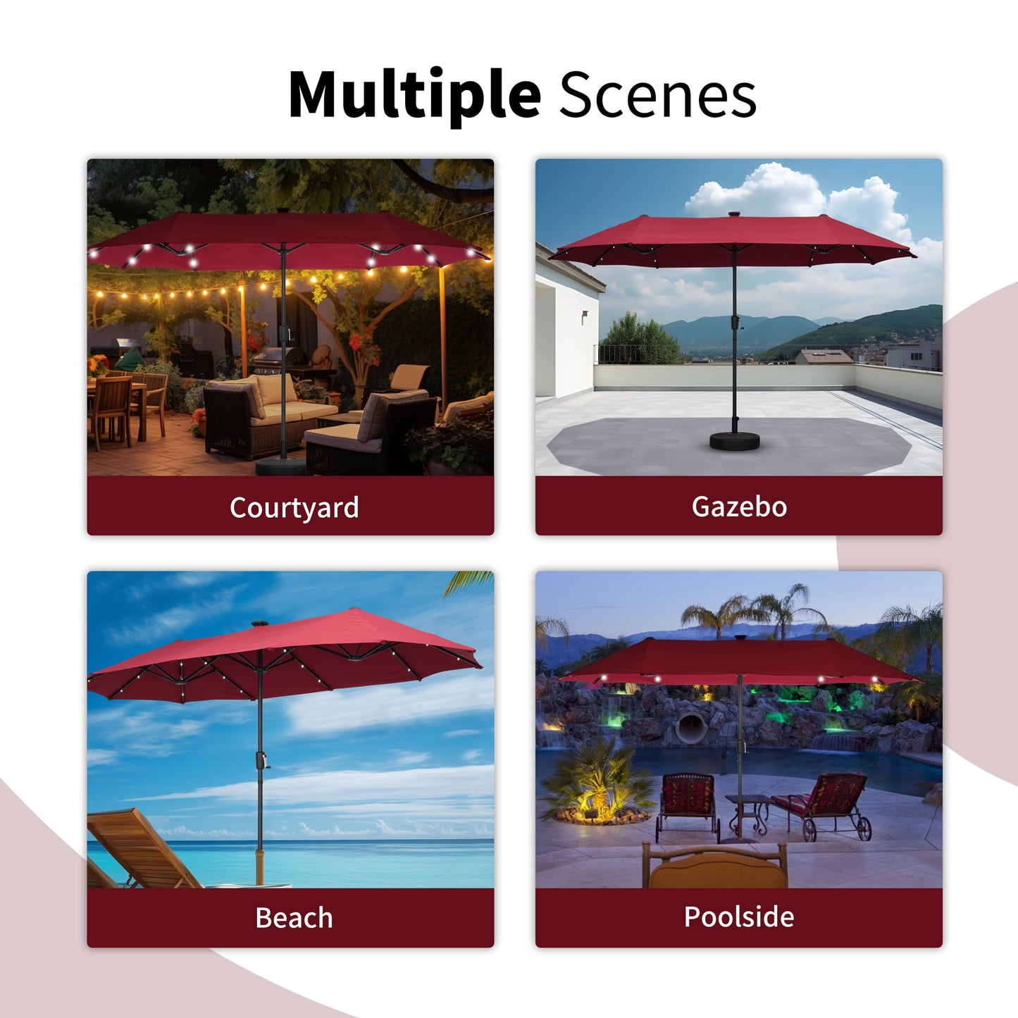 Autlaycil 13ft Patio Solar Umbrella LED Patio Market with Crank Outdoor and Umbrella Base, Red