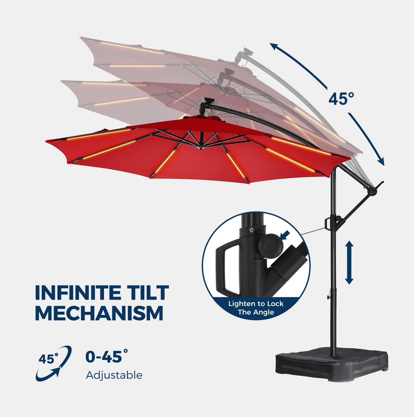 10ft Patio Umbrella Offset with Solar Light and Base,Offset Hanging Patio Outdoor Market Umbrella with Easy Tilt and Crank,for Yard,Garden,Home,Pool & Deck,Red