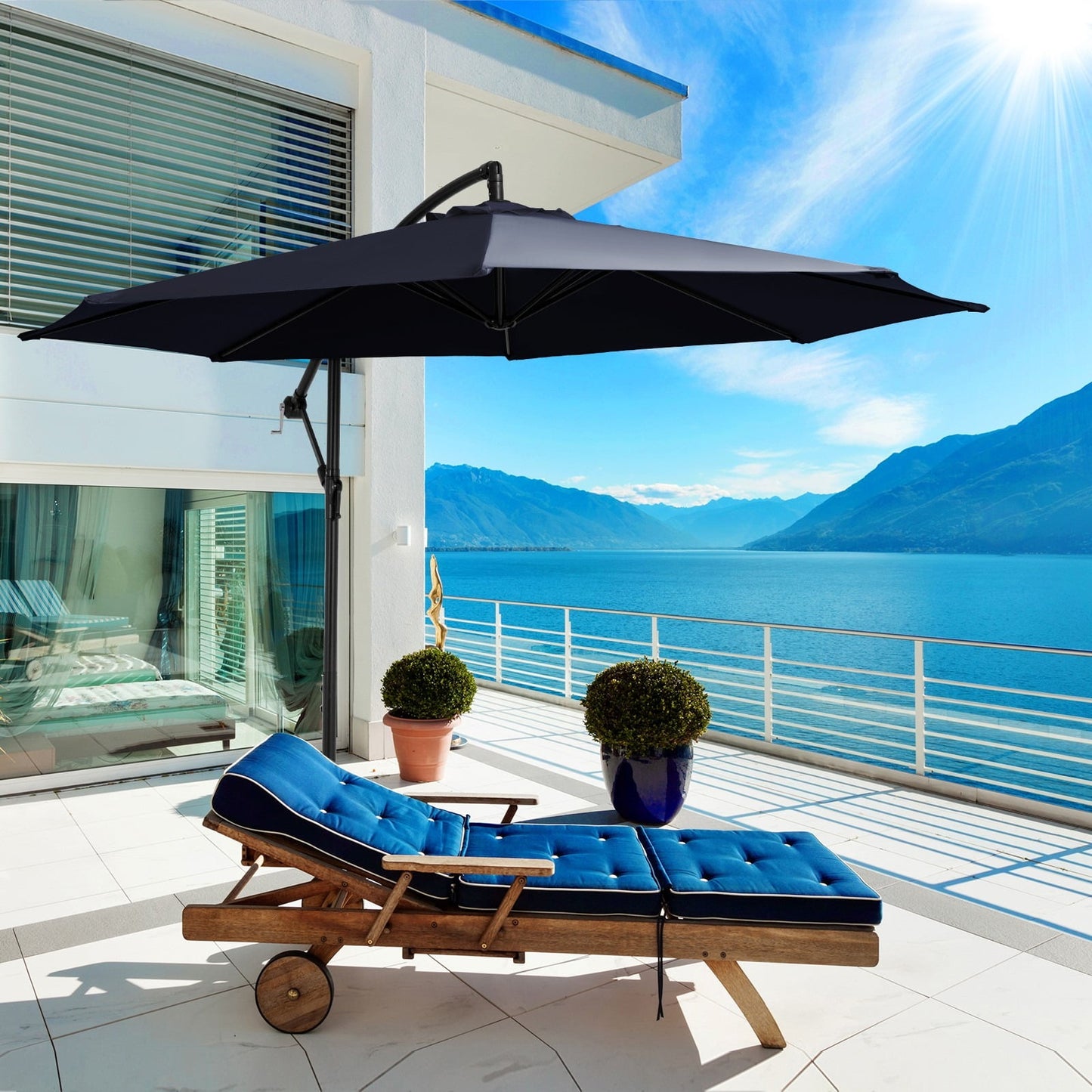 JUSTLET 10ft Offset Hanging Outdoor Cantilever Patio Umbrella for Garden, Navy Blue