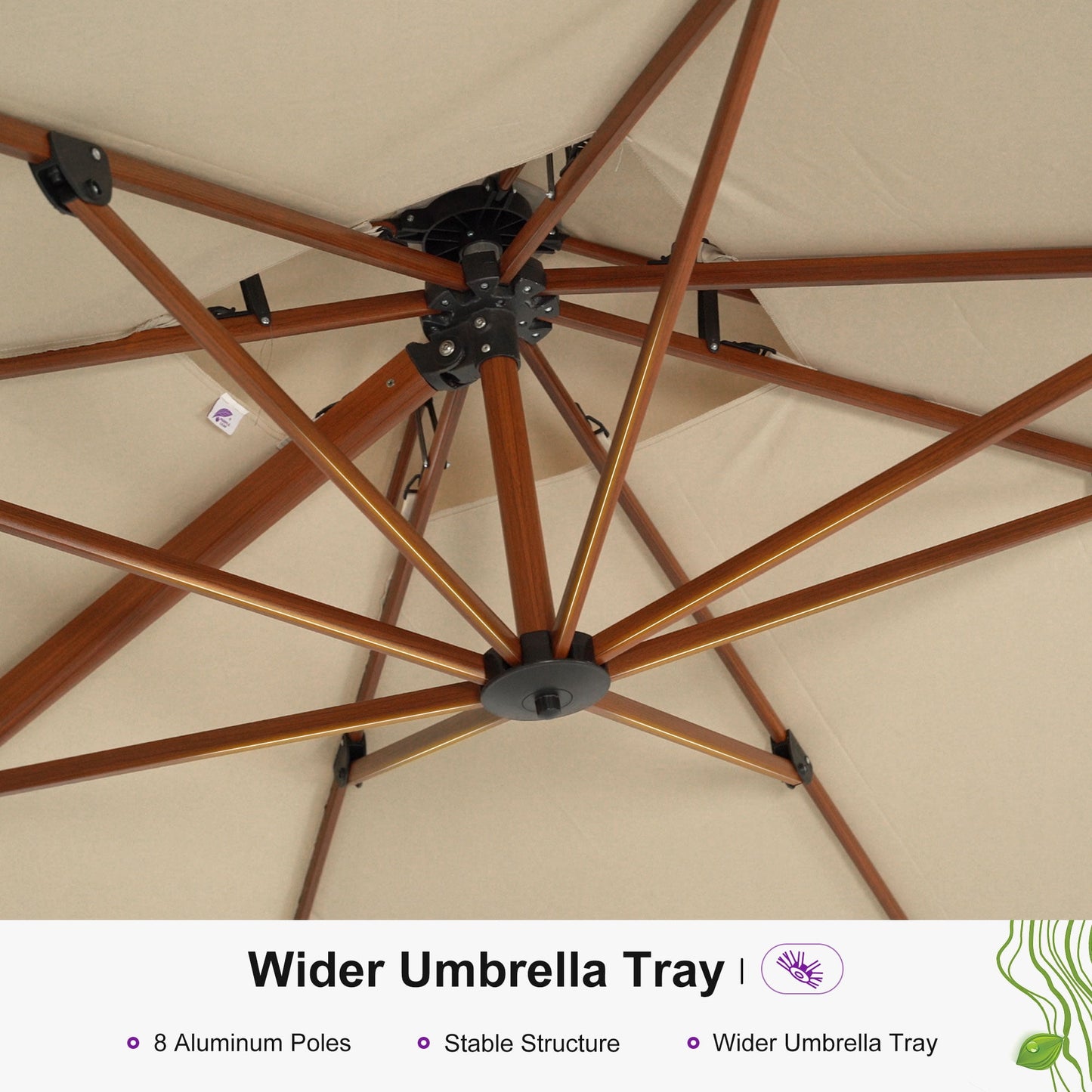 PURPLE LEAF 9FT Deluxe Square Wood Grain Patio Umbrella, Large Offset Cantilever Umbrella with 360° Rotation, Beige