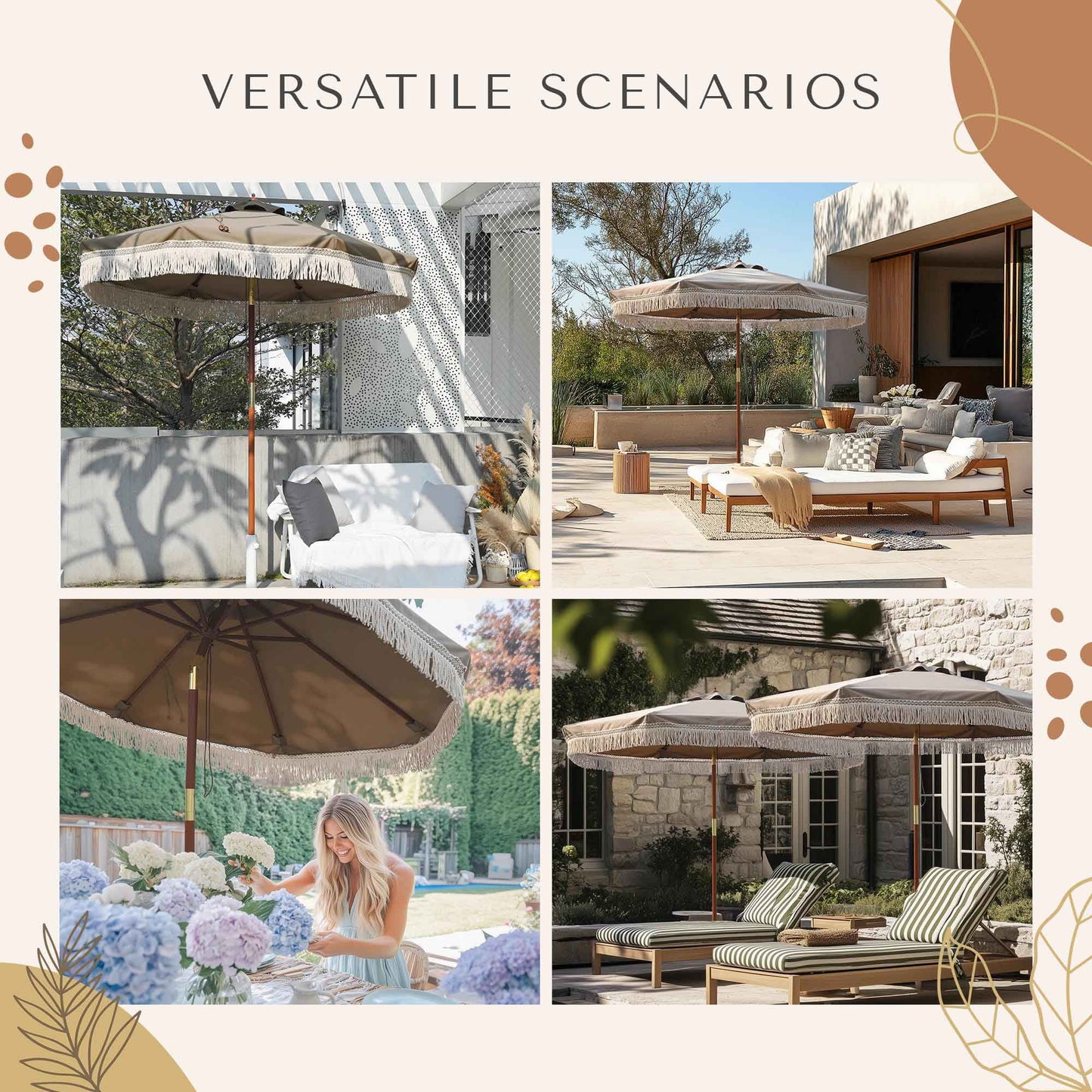 LAGarden BOHO 9' Fringe Patio Umbrella with Tassels UPF50+ Boho Style 5-Year-Non-Fading for Outdoor Yard Market Mocha Meander