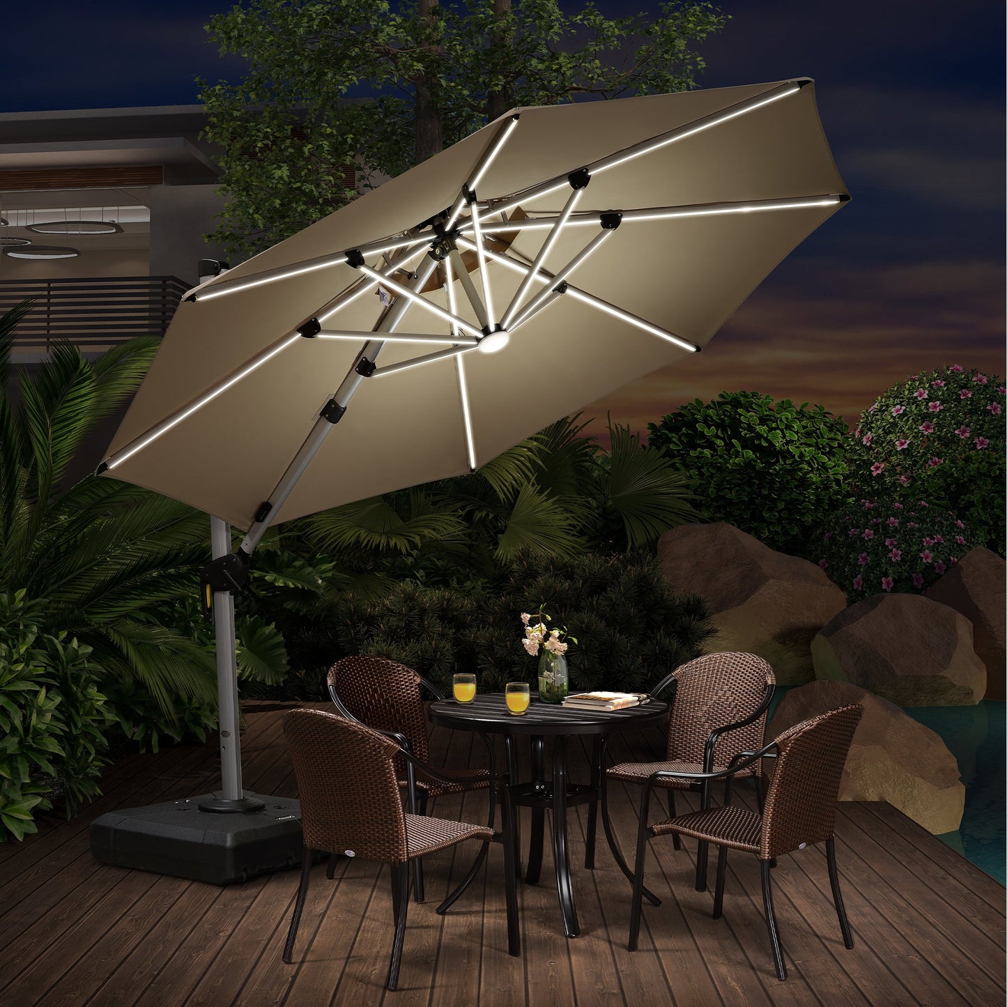 PURPLE LEAF 10FT Deluxe Round Solar Powered LED Patio Umbrella, Large Offset Cantilever Umbrella with 360° Rotation, Beige