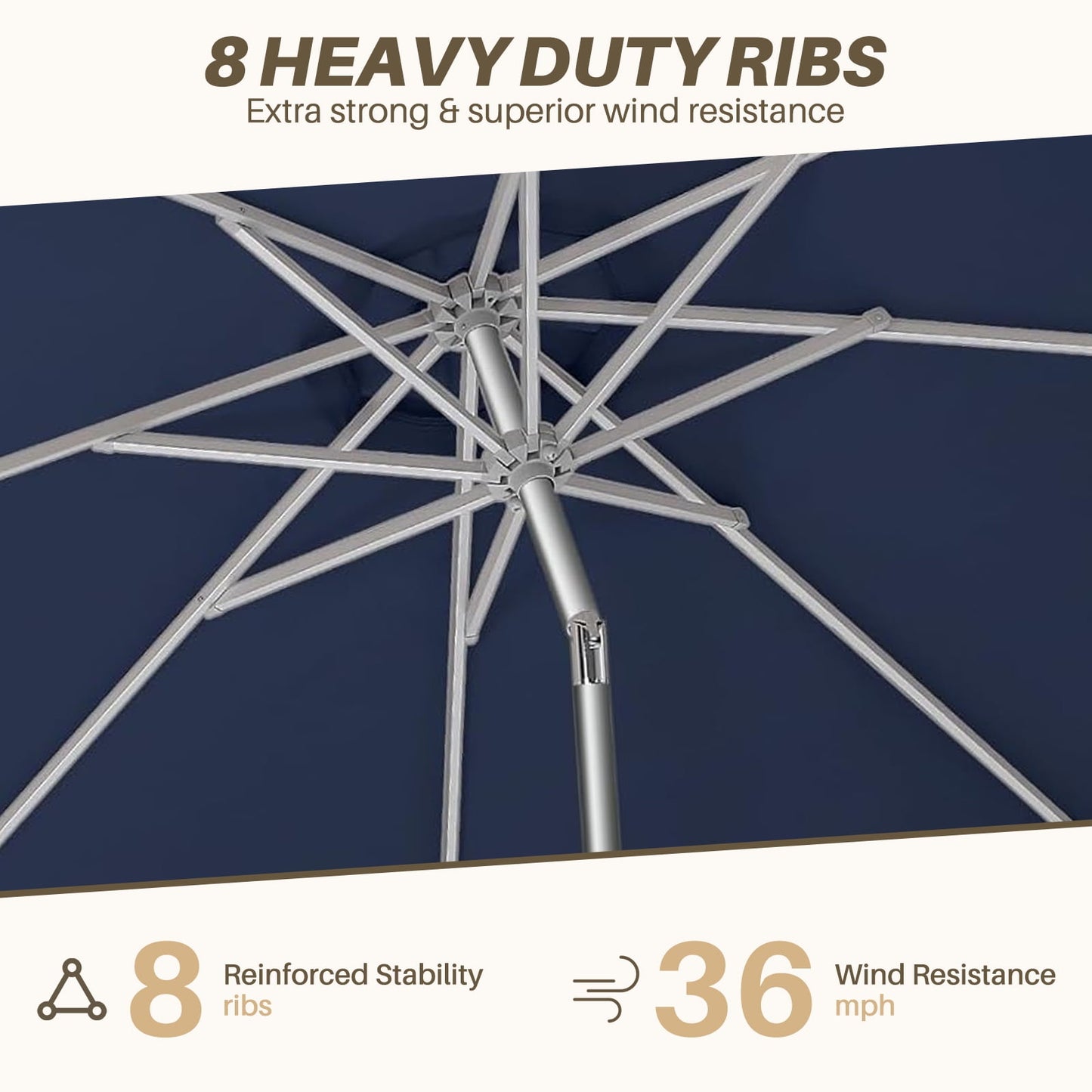 Patio Umbrella, 9 FT Outdoor Umbrellas Waterproof for Pool Table Deck Porch Yard Garden, Market Umbrella with 8 Sturdy Ribs, Push Button Tilt and Crank