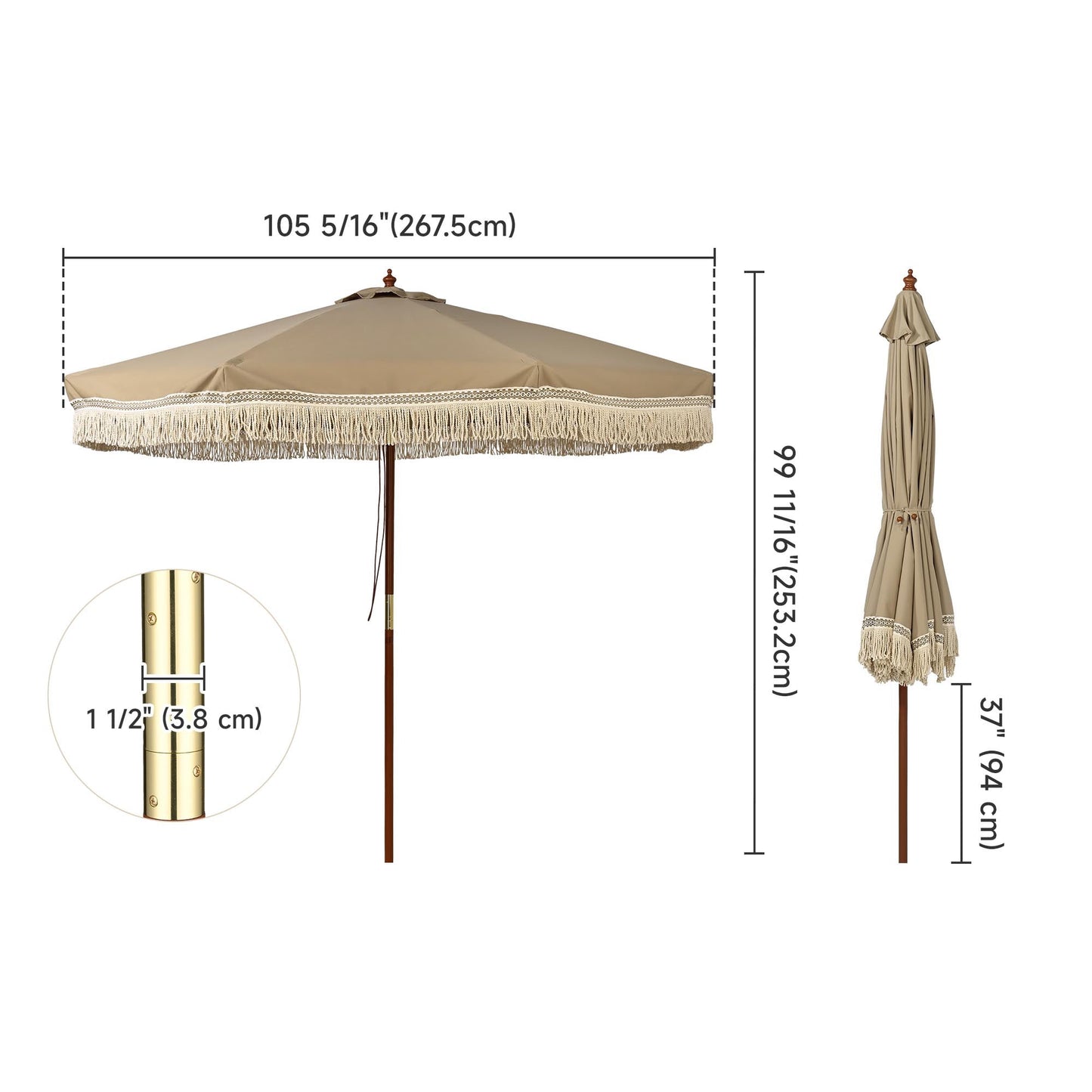 LAGarden BOHO 9' Fringe Patio Umbrella with Tassels UPF50+ Boho Style 5-Year-Non-Fading for Outdoor Yard Market Mocha Meander
