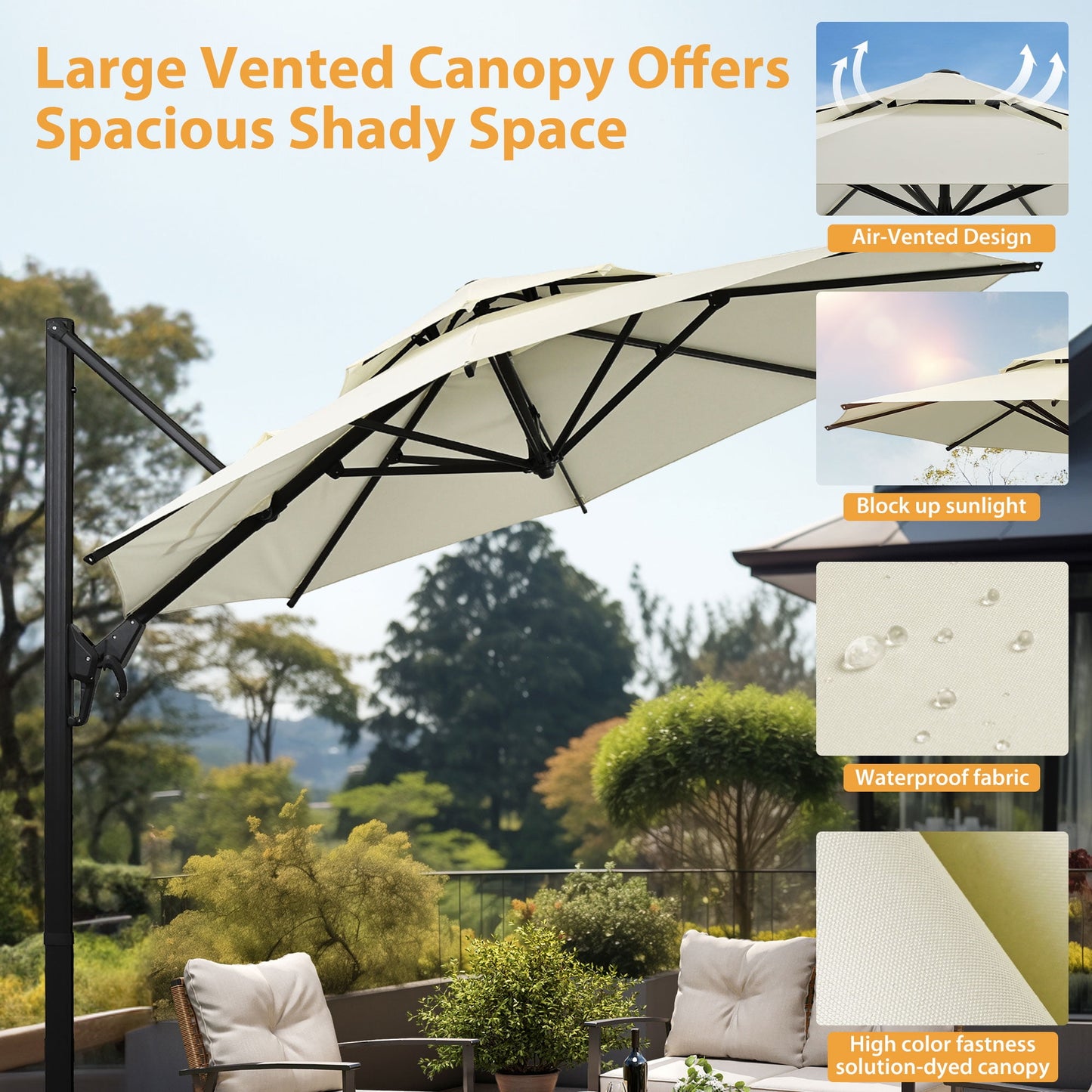 Ainfox 10ft Double Top Heavy-Duty Patio Cantilever Umbrella with Cross Base,5-Year-Non-Fading Outdoor Large Offset Hanging Aluminum Rotation Sun Shade Umbrella with 360°Rotation Adjustable,Beige