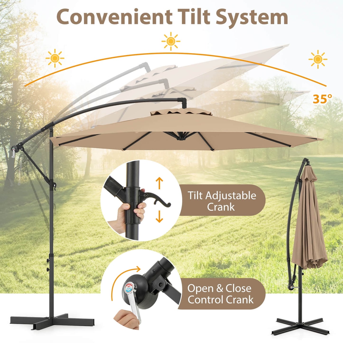 Costway 10' Hanging Umbrella Patio Sun Shade Offset Garden Market W/ T Cross Base Tan