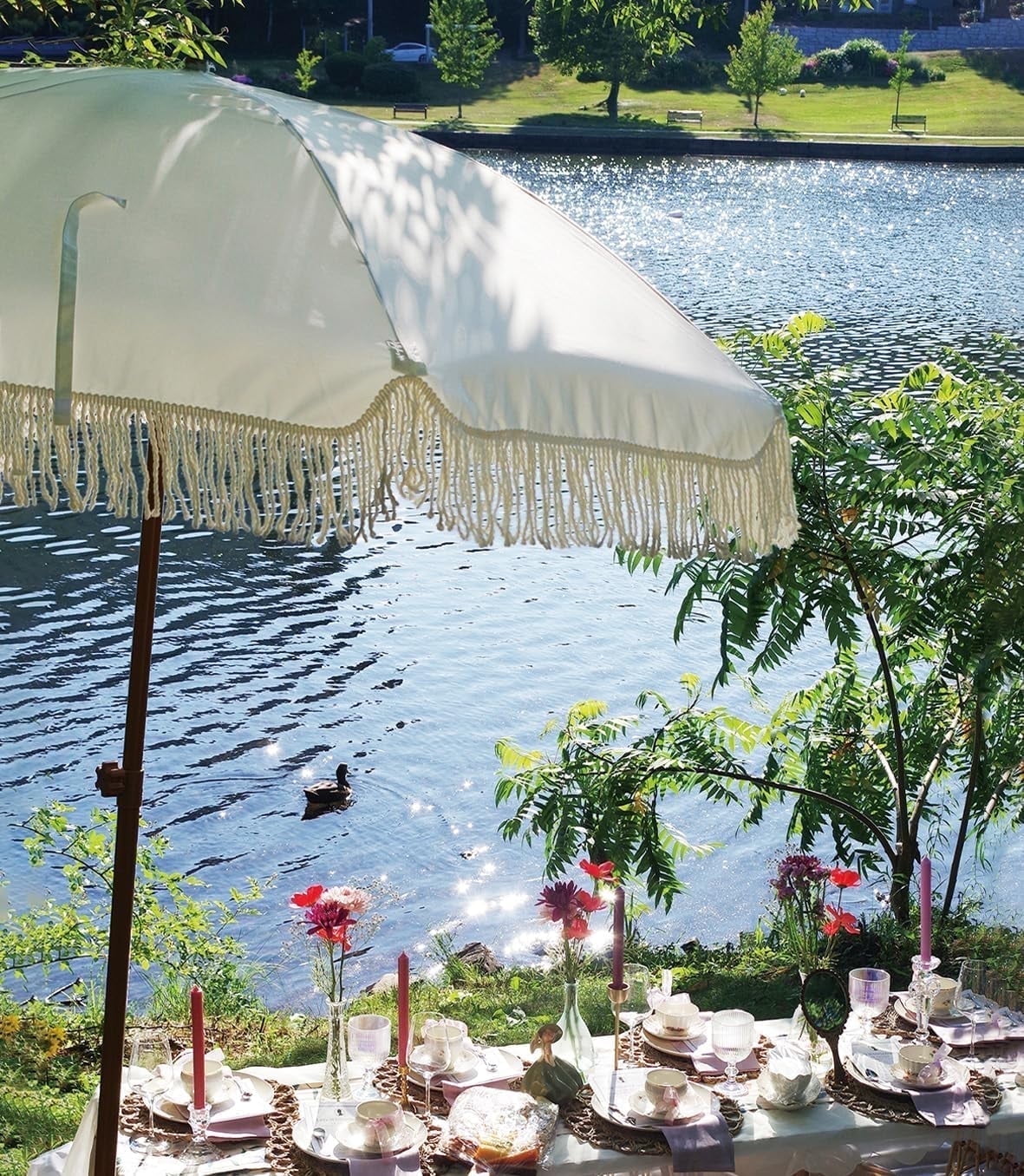 AMMSUN 7ft Fringe Patio Umbrella, Outdoor Table Tassels Umbrella with Push Button Tilt UPF50+ Shade Shelter,Cream White Camping Sun