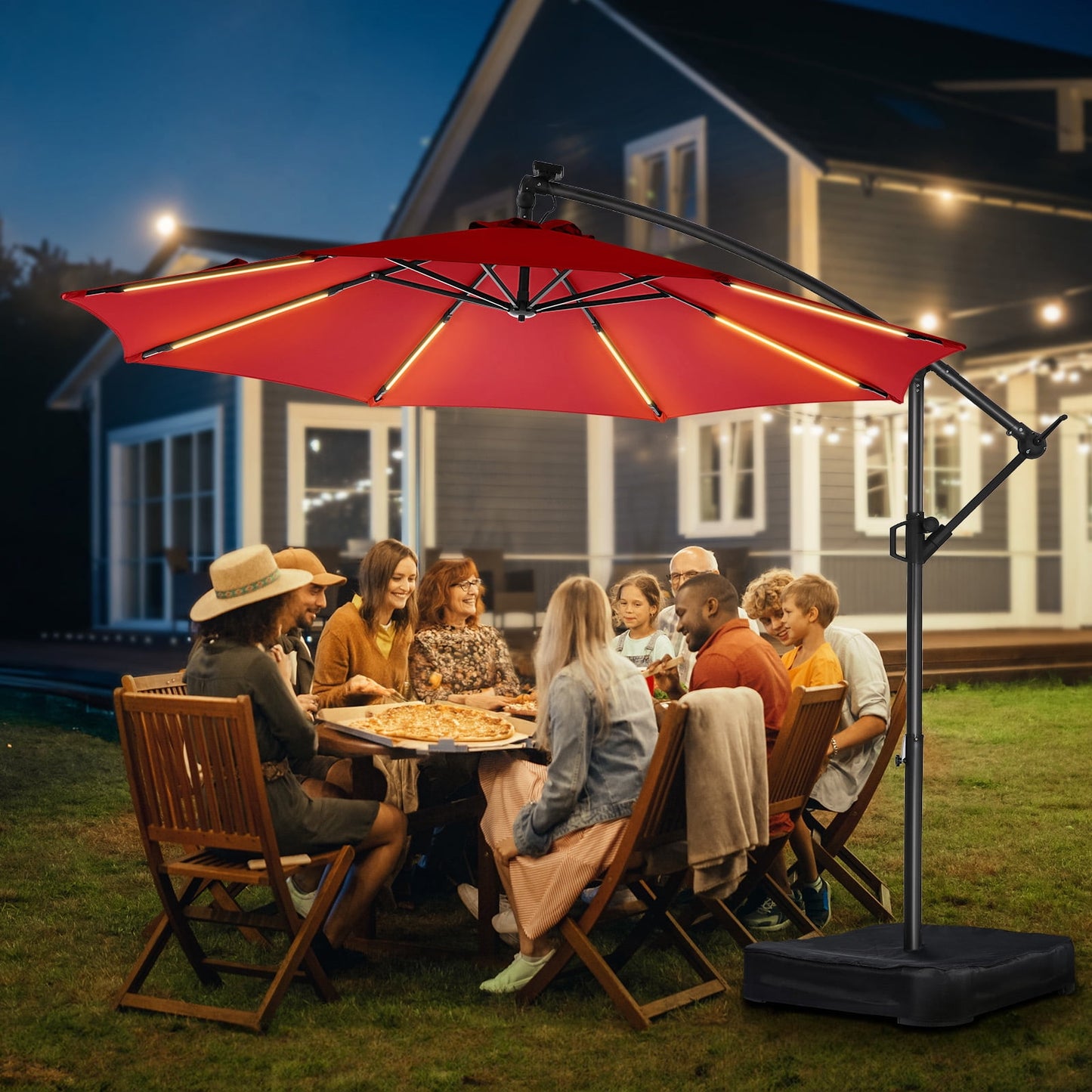 10ft Patio Umbrella Offset with Solar Light and Base,Offset Hanging Patio Outdoor Market Umbrella with Easy Tilt and Crank,for Yard,Garden,Home,Pool & Deck,Red