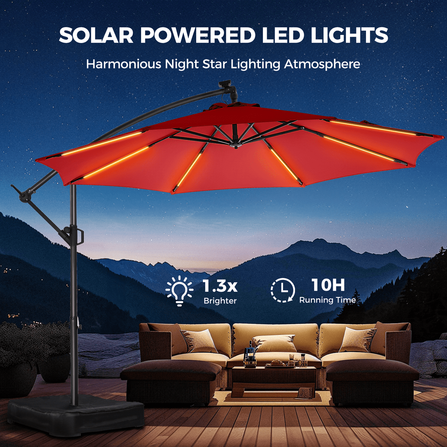 10ft Patio Umbrella Offset with Solar Light and Base,Offset Hanging Patio Outdoor Market Umbrella with Easy Tilt and Crank,for Yard,Garden,Home,Pool & Deck,Red