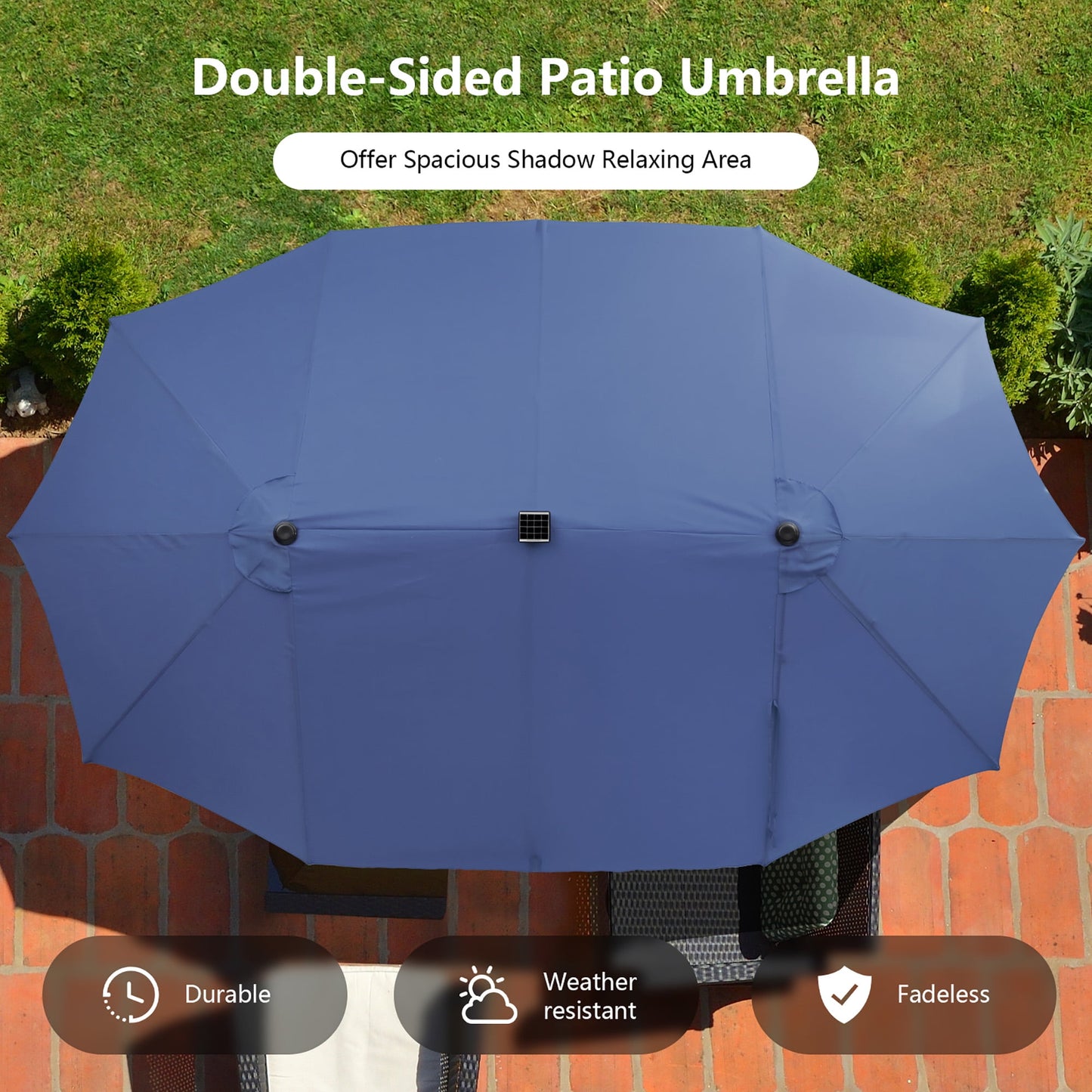 Gymax Outdoor 15' Double-Sided Patio Umbrella 48 Solar LED Lights Crank & Base Navy