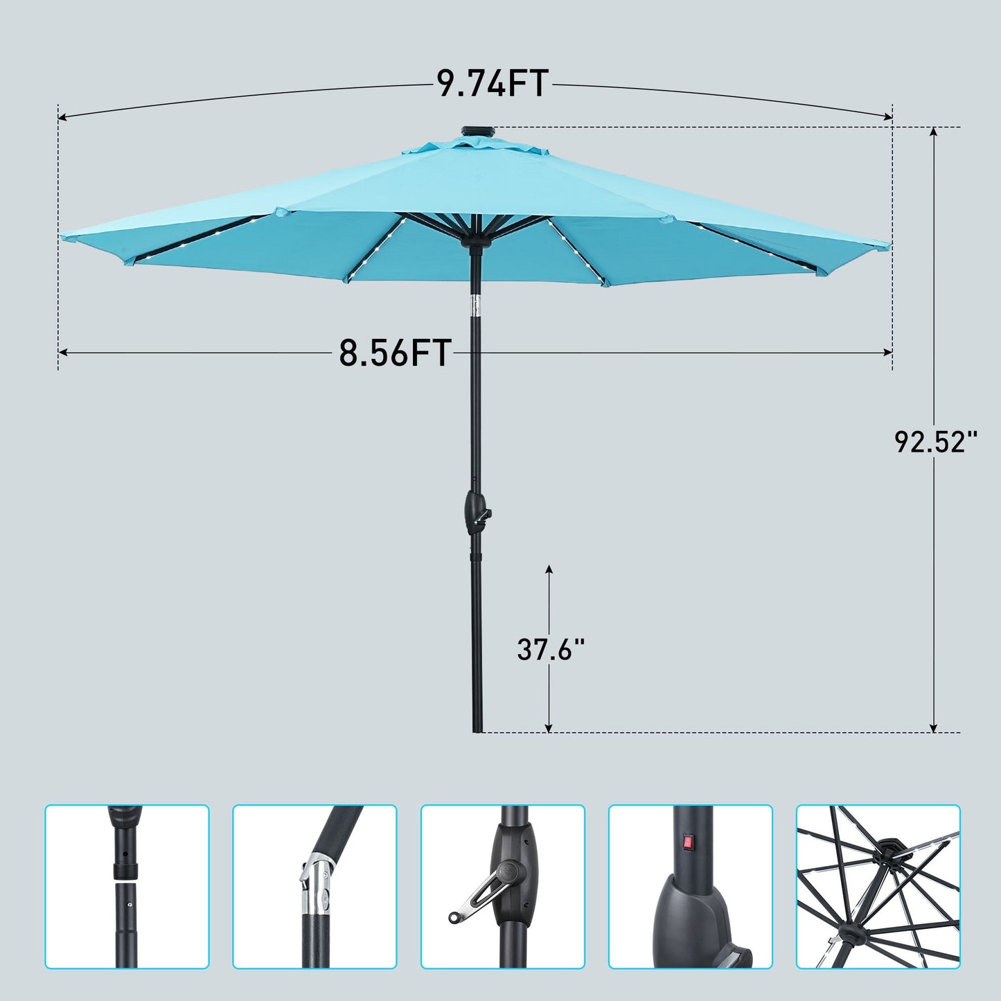 Ainfox 10ft Patio Umbrella with lights, Outdoor Table Sun Shade Umbrellas with Push Button Tilt/Crank, 8 ribs,Lake Blue