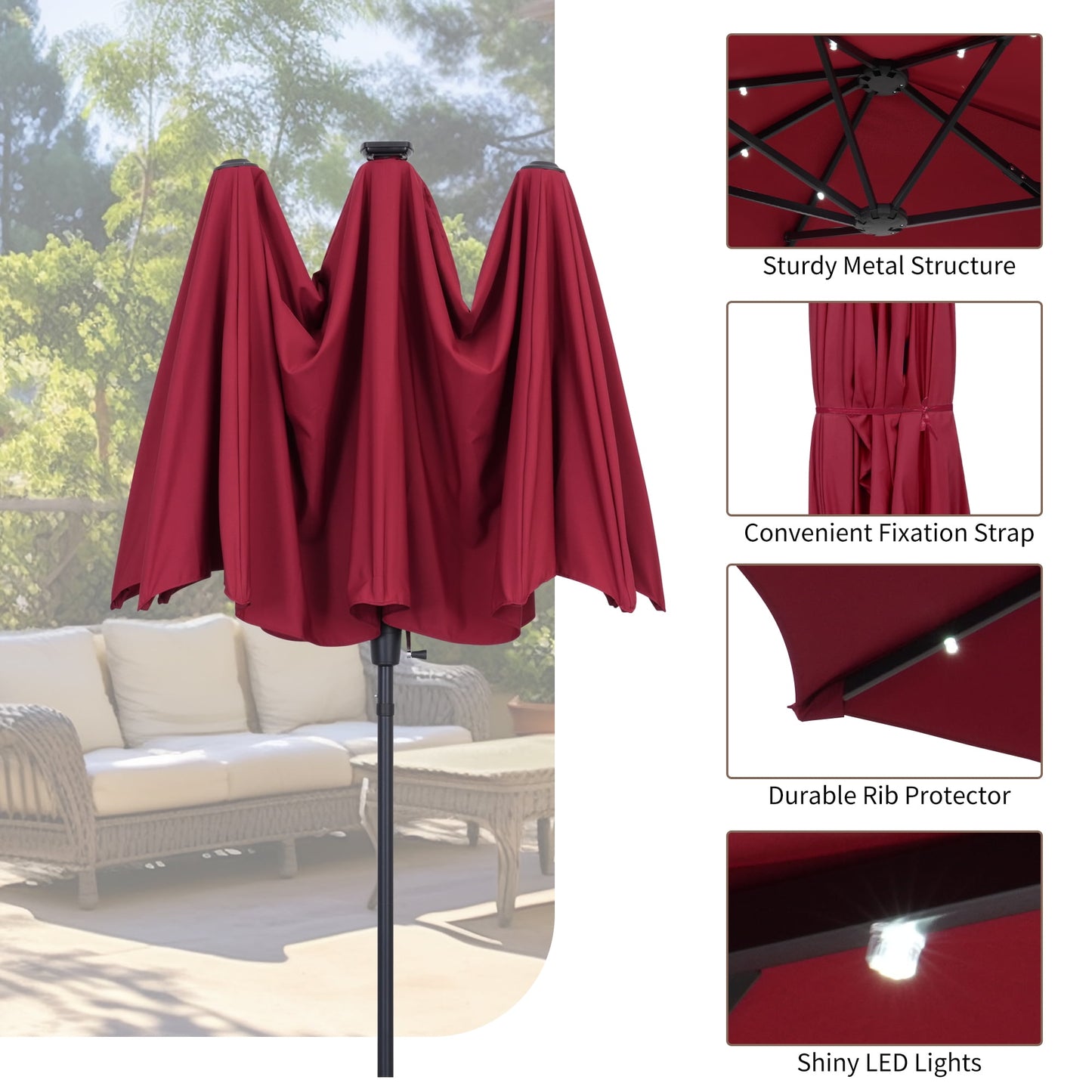 Autlaycil 13ft Patio Solar Umbrella LED Patio Market with Crank Outdoor and Umbrella Base, Red