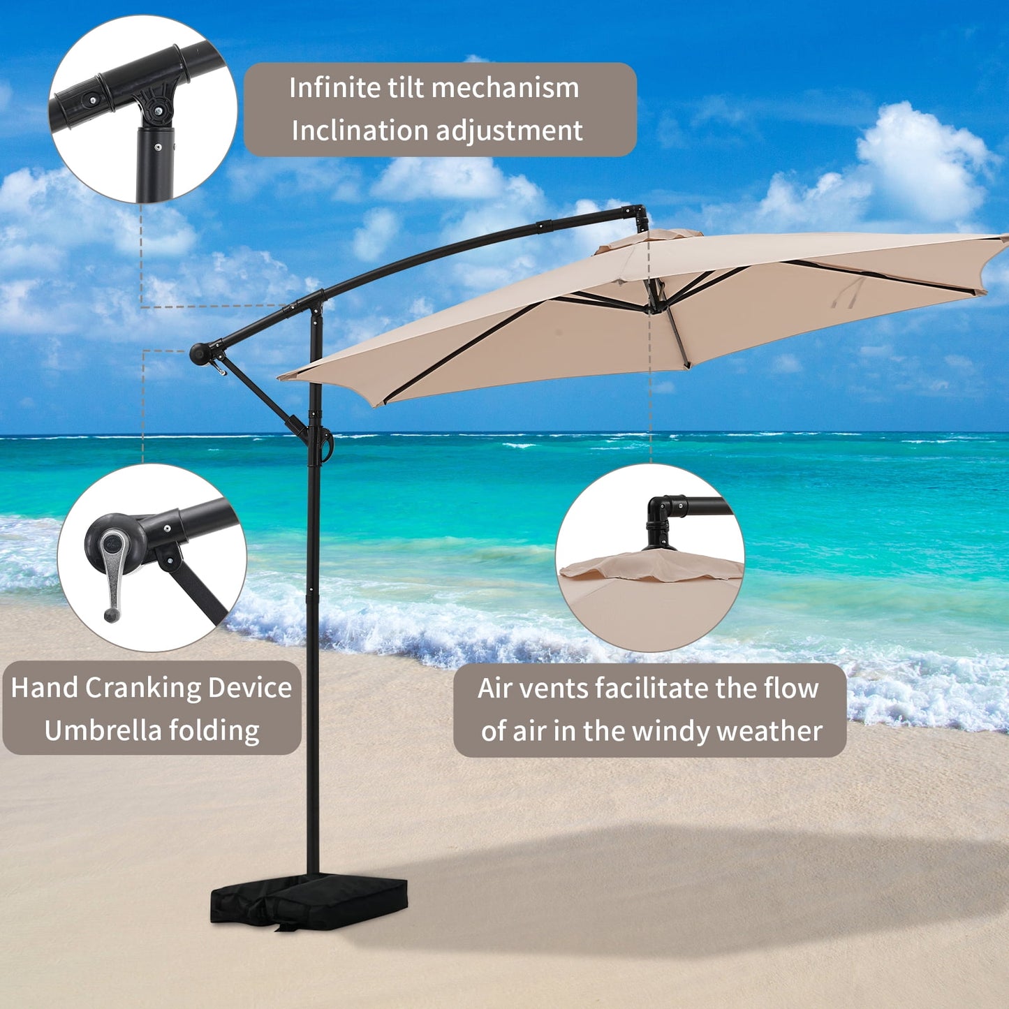 Autlaycil 10FT Cantilever Patio Umbrella, Hanging Offset Umbrella with Umbrella Stand, Khaki