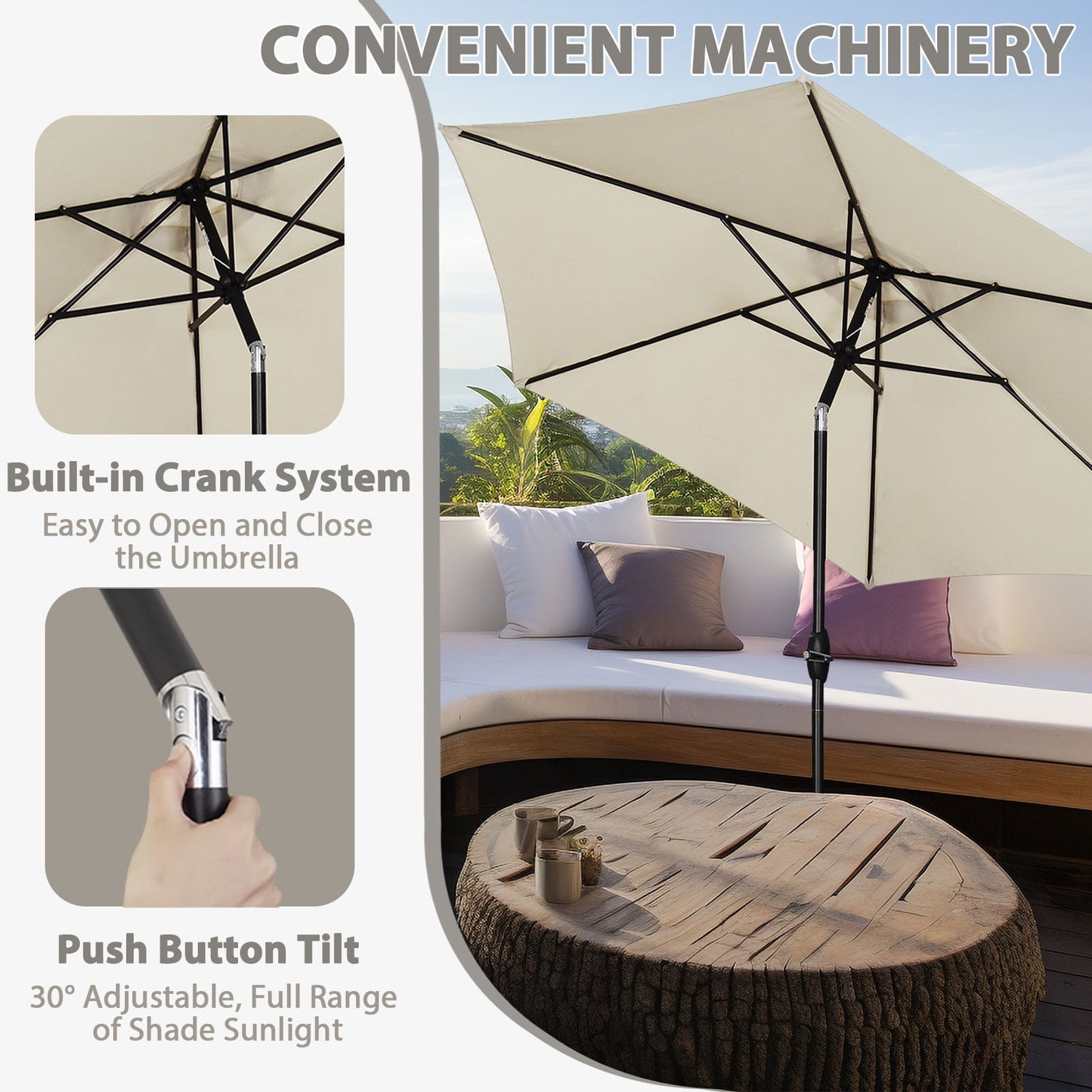 Autlaycil 9Ft Outdoor Umbrella with Tilt, Crank and Sturdy Ribs for Lawn, Garden, Backyard and Pool, White