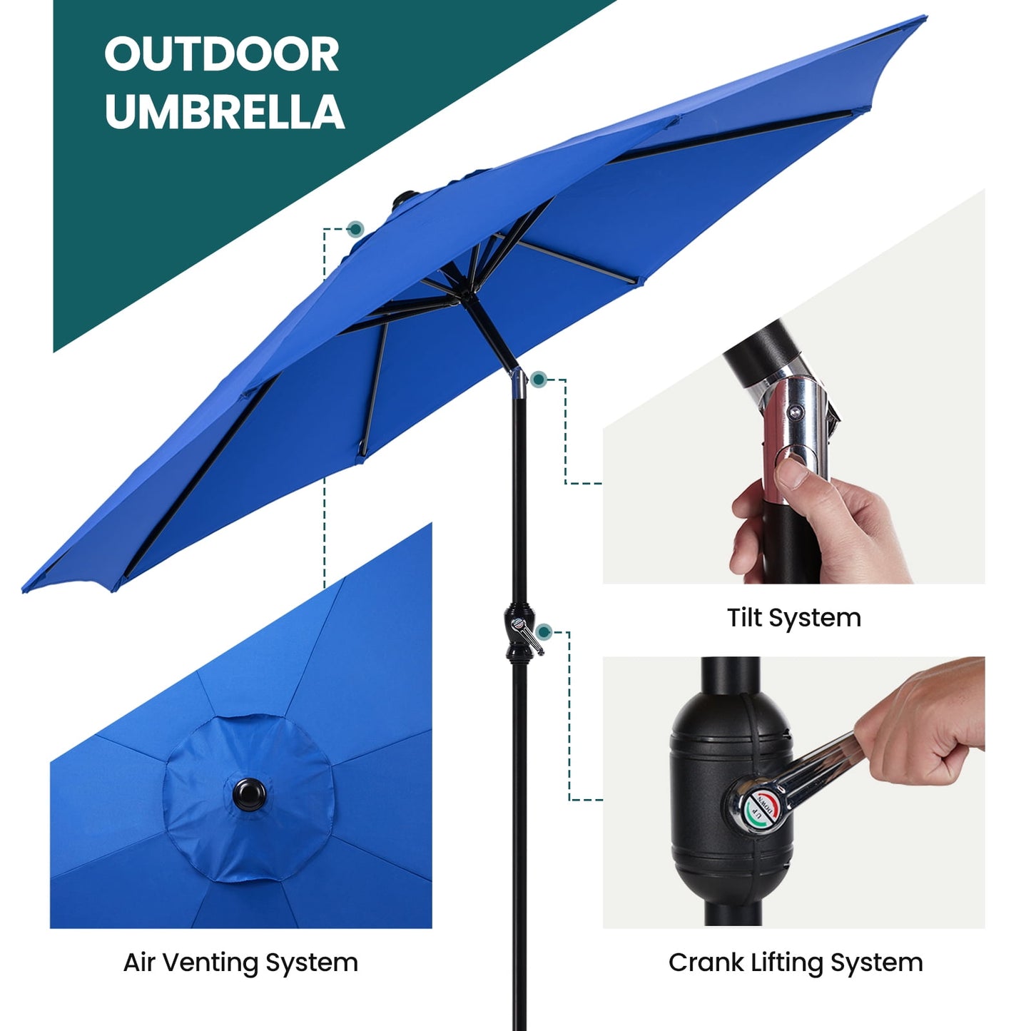 JOINSUN Outdoor Patio Umbrella with Push Button Tilt, 8 Robust Ribs, UV Protection, and Crank, Bule