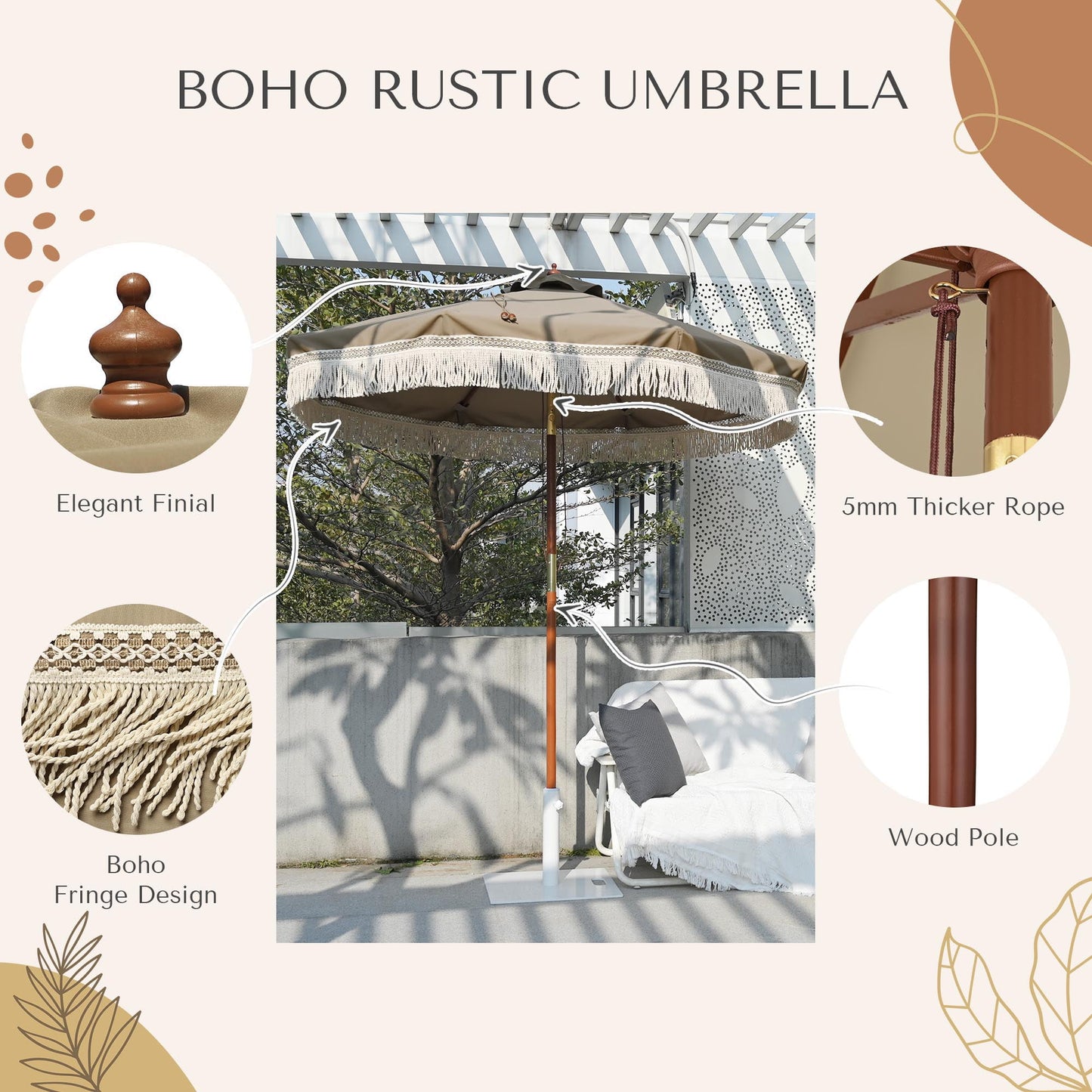 LAGarden BOHO 9' Fringe Patio Umbrella with Tassels UPF50+ Boho Style 5-Year-Non-Fading for Outdoor Yard Market Mocha Meander