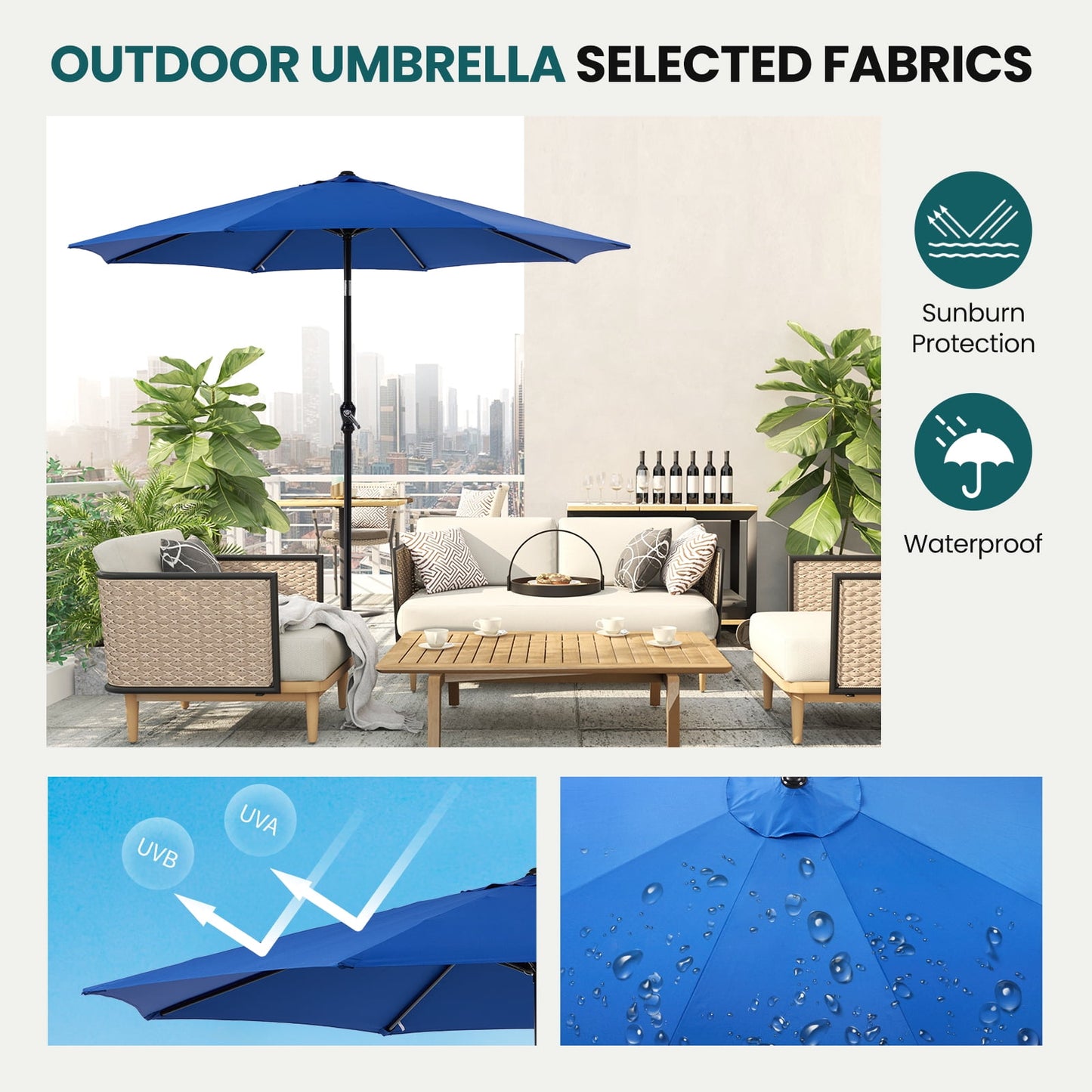 JOINSUN Outdoor Patio Umbrella with Push Button Tilt, 8 Robust Ribs, UV Protection, and Crank, Bule