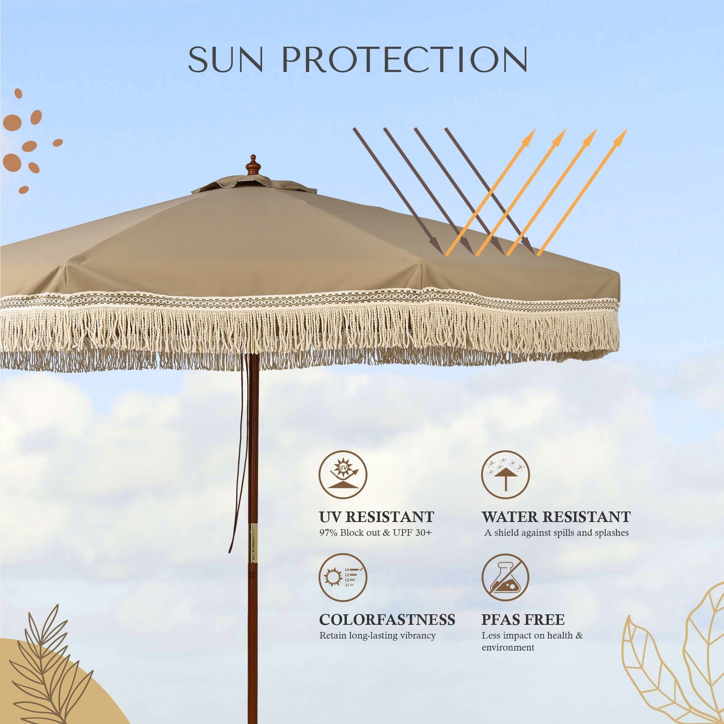LAGarden BOHO 9' Fringe Patio Umbrella with Tassels UPF50+ Boho Style 5-Year-Non-Fading for Outdoor Yard Market Mocha Meander