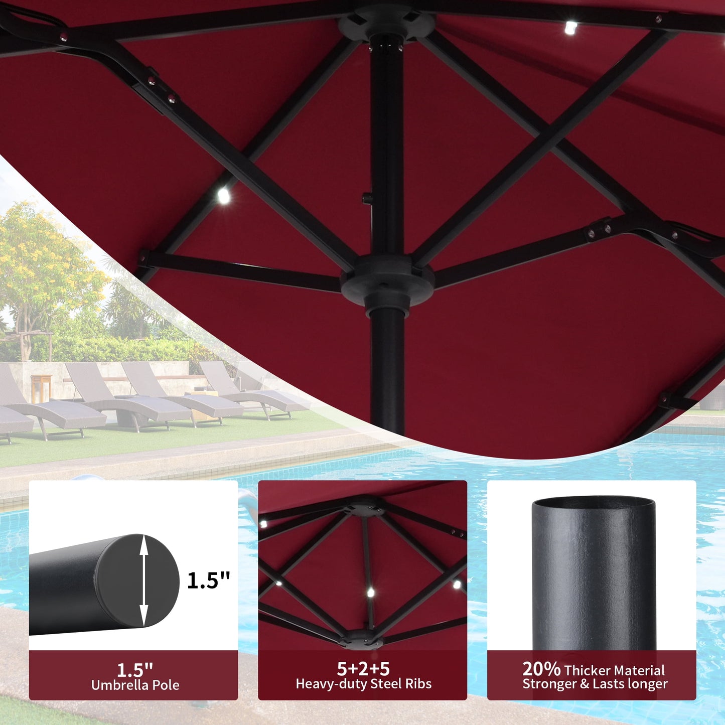 Autlaycil 13ft Patio Solar Umbrella LED Patio Market with Crank Outdoor and Umbrella Base, Red