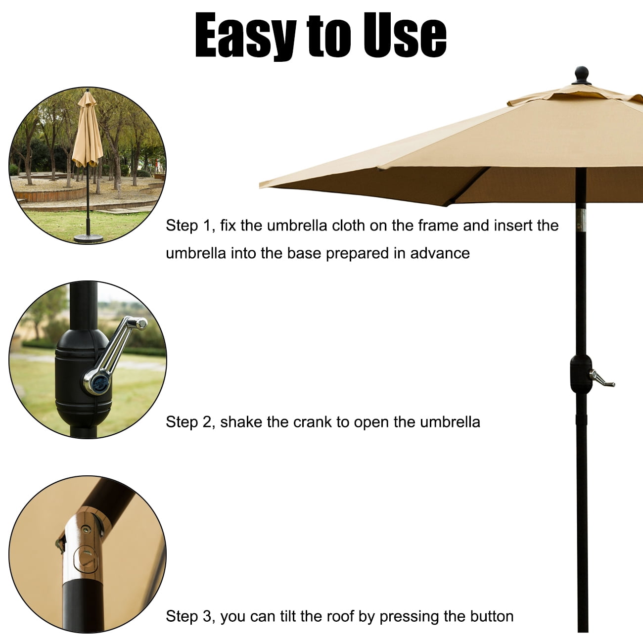 Bibana 7.5ft Outdoor Patio Umbrella Market Umbrella Table Umbrella with 6 Ribs, Push Button Tilt/Crank - Tan