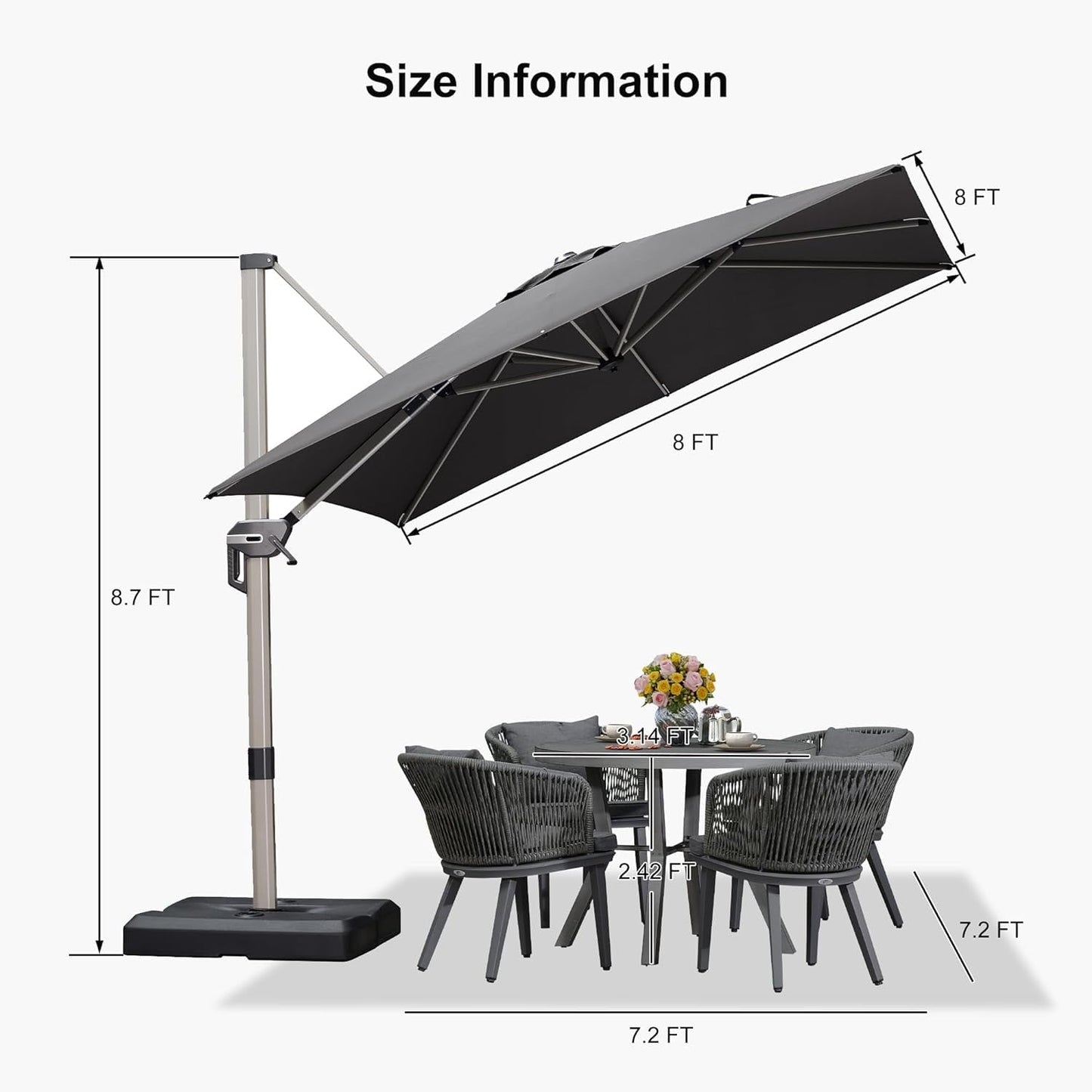 PURPLE LEAF 8 × 8 FT Patio Umbrella, Outdoor Cantilever Umbrella with Champagne Post, Hanging Offset Umbrella for Pool, Deck Garden, Grey