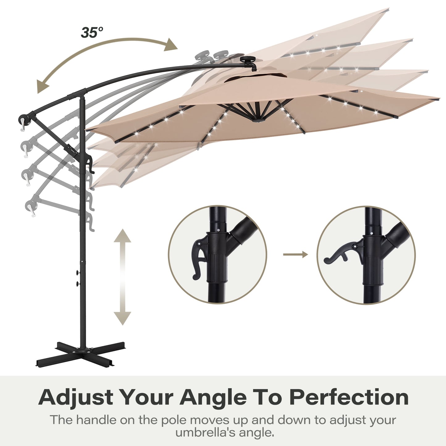 LAUSAINT HOME 10 ft Cantilever Patio Umbrella, Round Outdoor Beige Umbrella with LED Lights