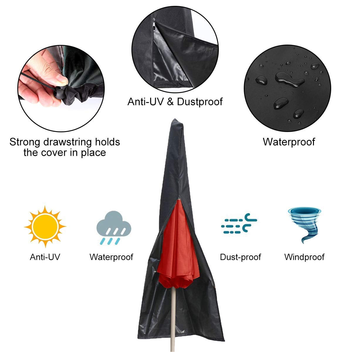 Umbrella Cover, Waterproof Patio Outdoor Umbrella Covers, Protective Umbrella Cover Bag Fit 6ft to 11ft, Black