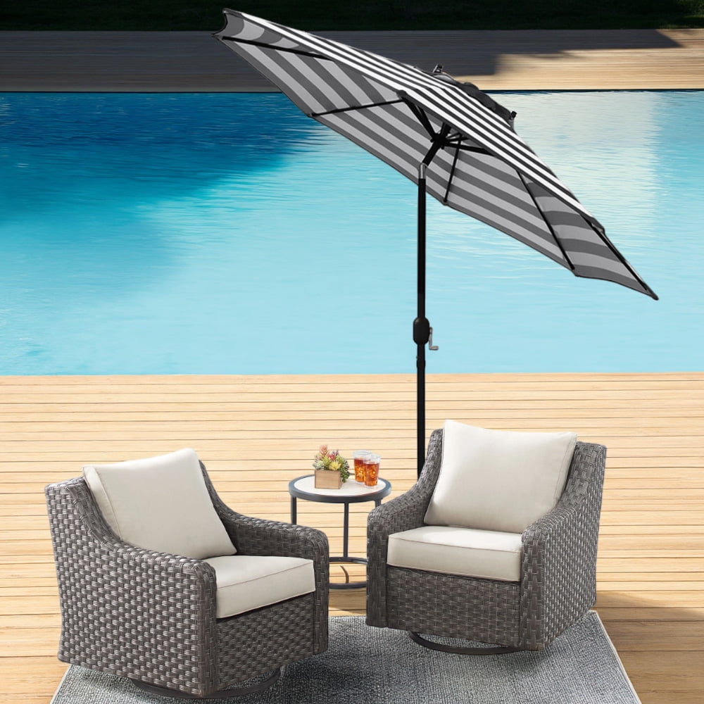 Abble 9FT Black and White Stripe Outdoor Patio Umbrella with Push Button Tilt and Crank Handle, Market Umbrella with 8 Sturdy Umbrella Ribs, Waterproof for Garden Deck Backyard Pool