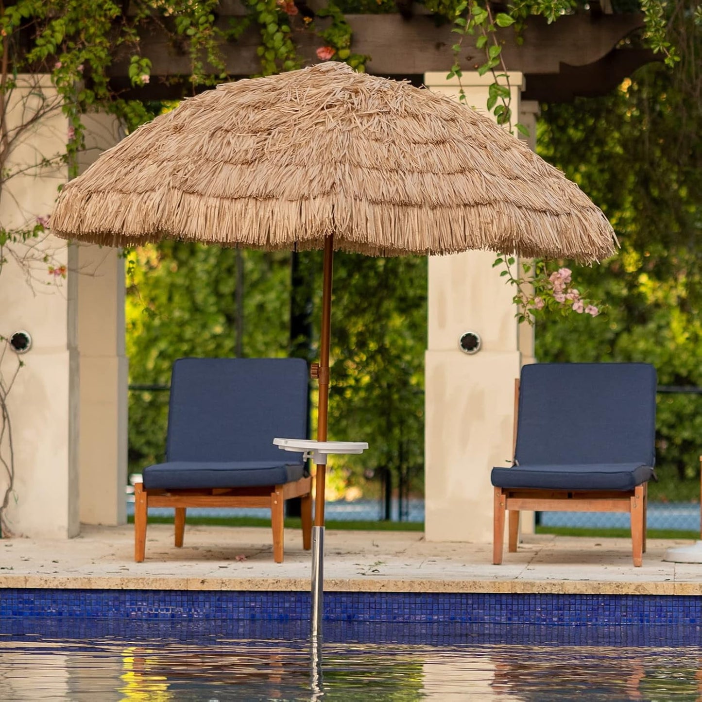 AMMSUN 7.5ft Hula Thatched Hawaiian Tiki Straw Outdoor Umbrella for Pool Patio Beach UPF50+,Brown