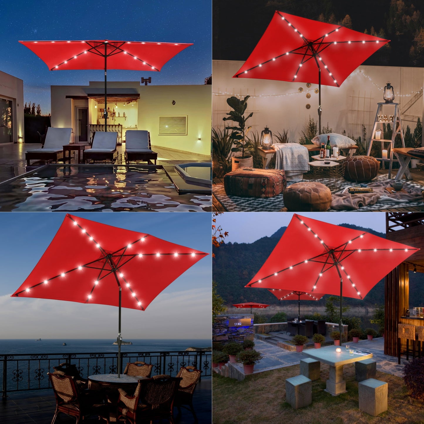 Yescom 10x6.5FT Rectangle Outdoor Solar LED Patio Umbrella with Crank Tilt for Table Market Yard Deck Pool Party Red