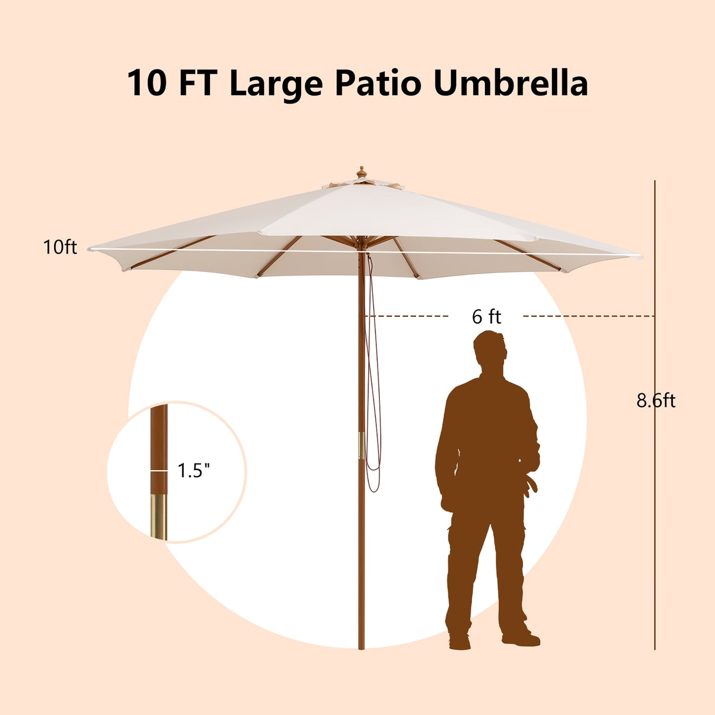 10FT Patio Wooden Market Table Umbrella Pulley w/8 Bamboo Ribs Sunshade Canopy Beige