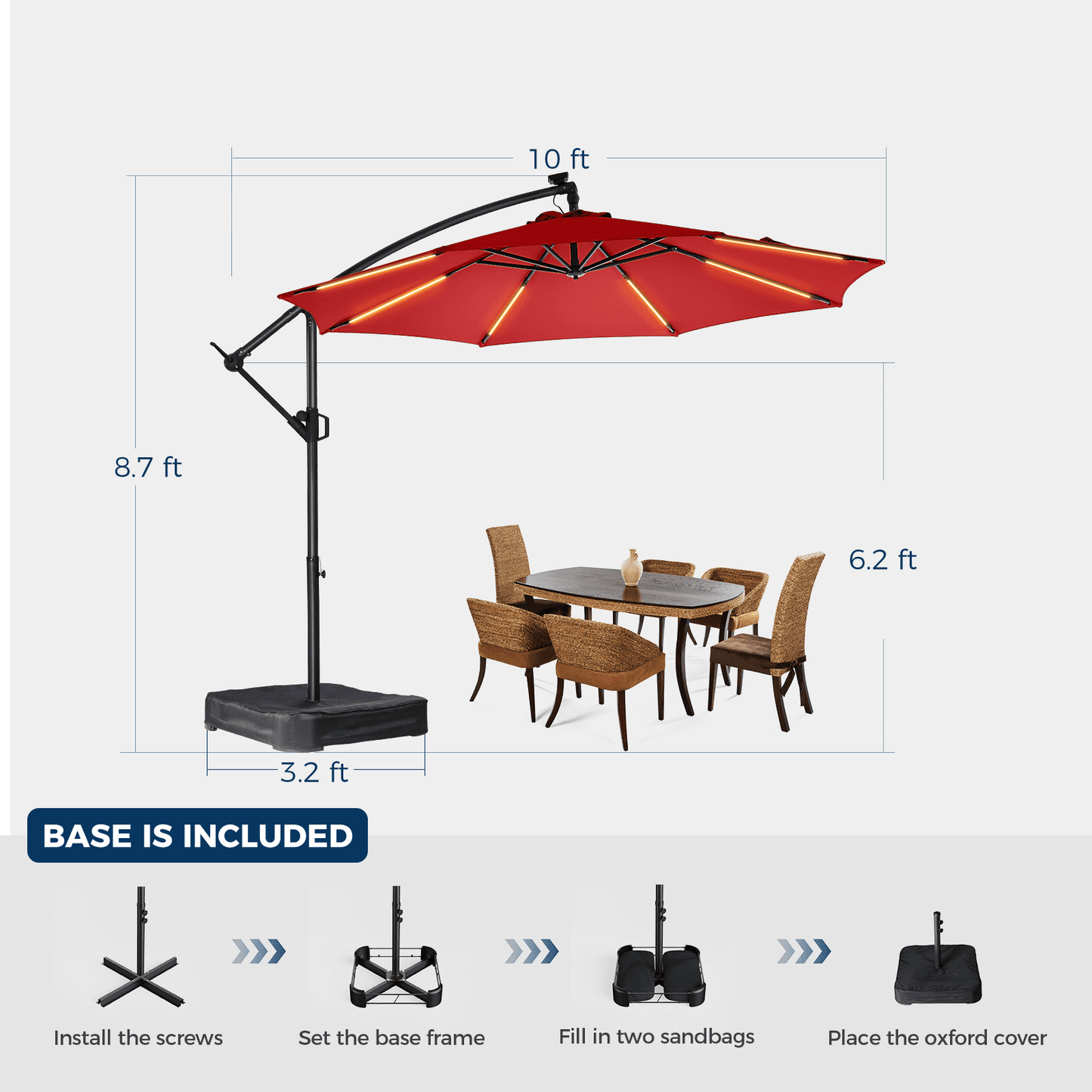 10ft Patio Umbrella Offset with Solar Light and Base,Offset Hanging Patio Outdoor Market Umbrella with Easy Tilt and Crank,for Yard,Garden,Home,Pool & Deck,Red