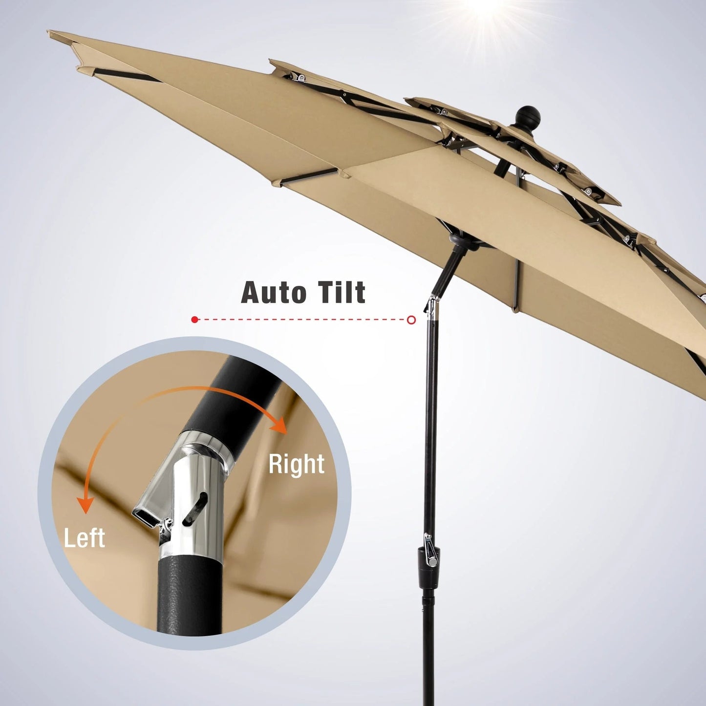 Alpha Joy 10ft 3 Tier Auto-Tilt Outdoor Patio Umbrella Beach Garden Double Vented Table Umbrella with Push Button and Crank, Beige